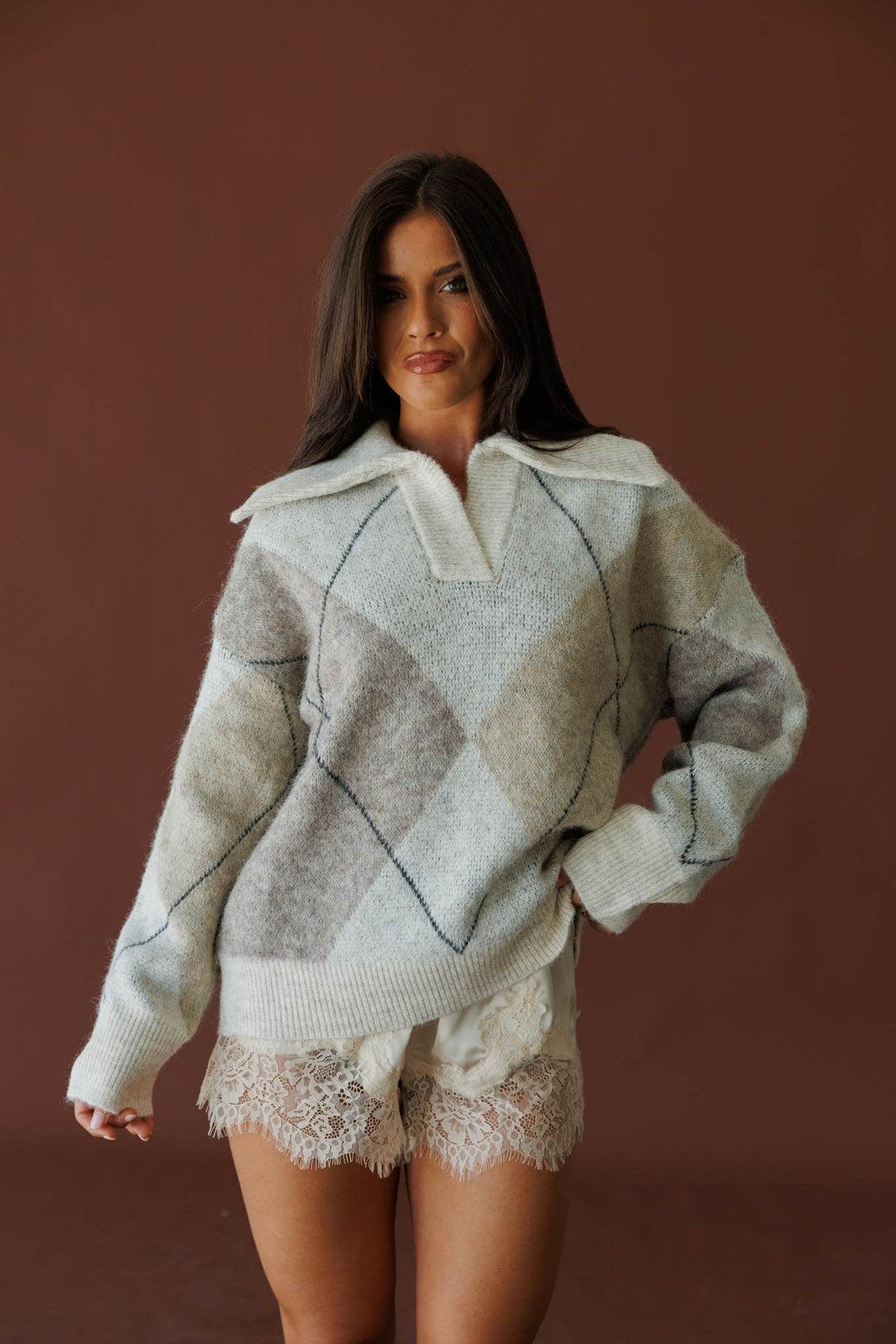 Cream and light blue colourblock knit sweater