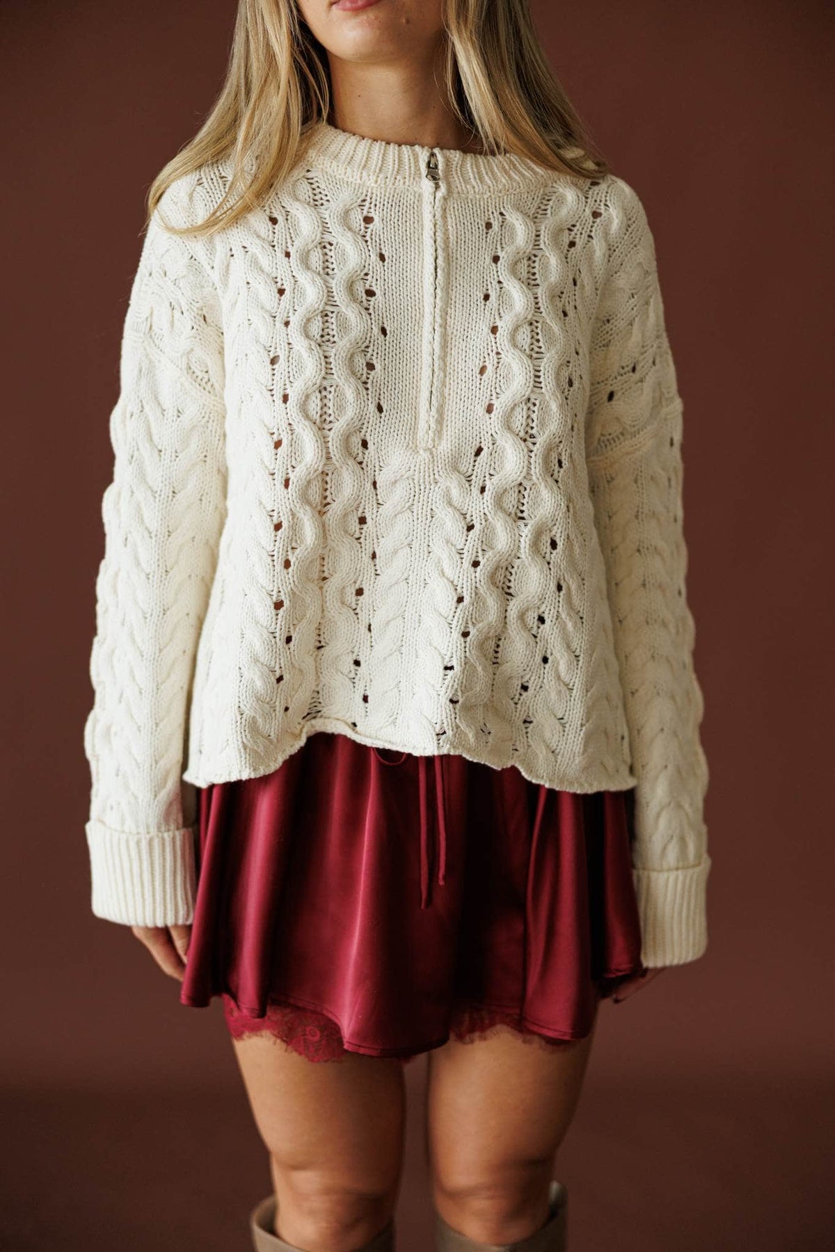 Cable Me Later Sweater in cream, front view of the chunky cable and pointelle knit