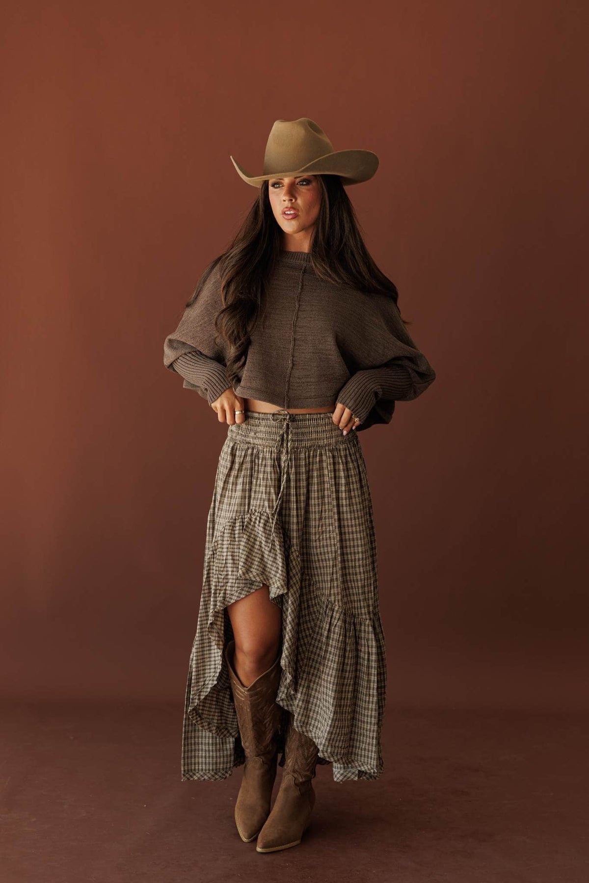 Quiet Morning Mock Neck Sweater, in stone, full-length view with a hat and boots