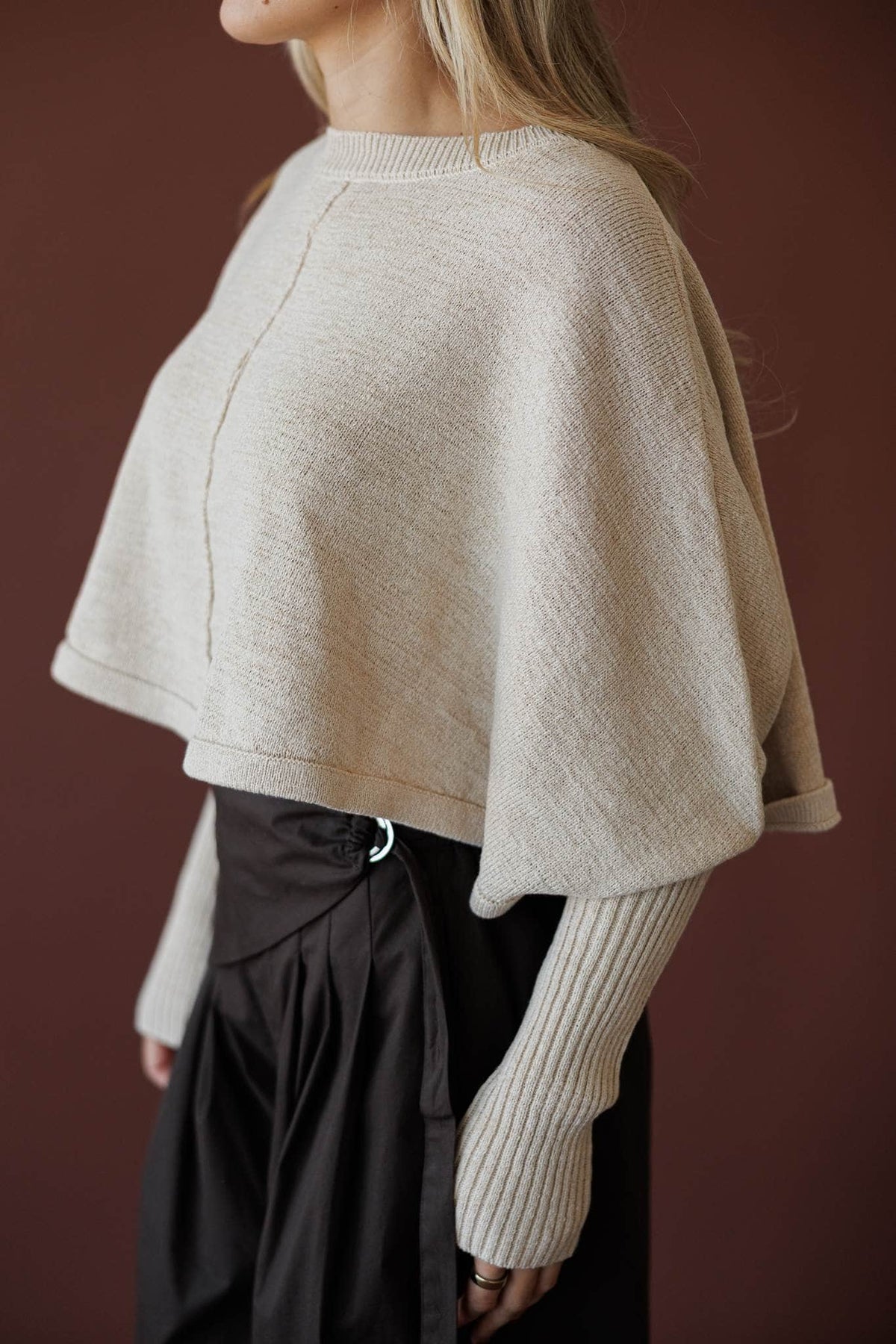 Quiet Morning Mock Neck Sweater, in cream, side view of the wide sleeve