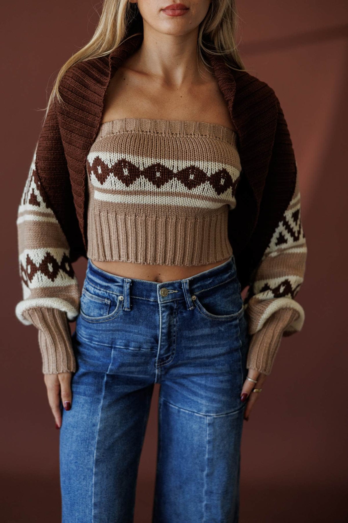 The Lodge Shrug Set, front view of the cropped bandeau and matching shrug