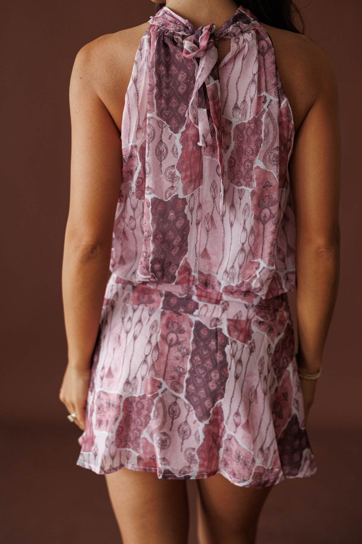 Watercolor Wishes Halter Dress in pink multi, front close-up of the watercolour print and halter