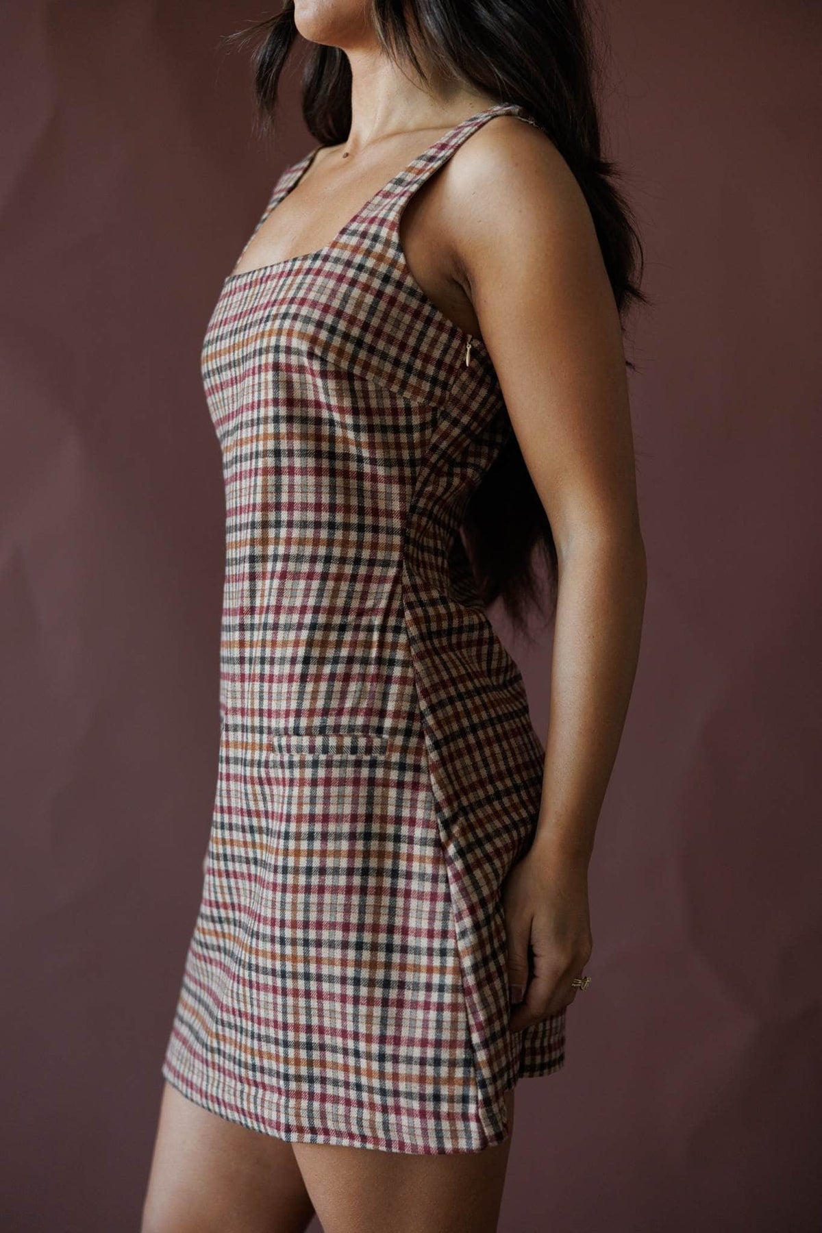 Tan plaid pinafore mini dress