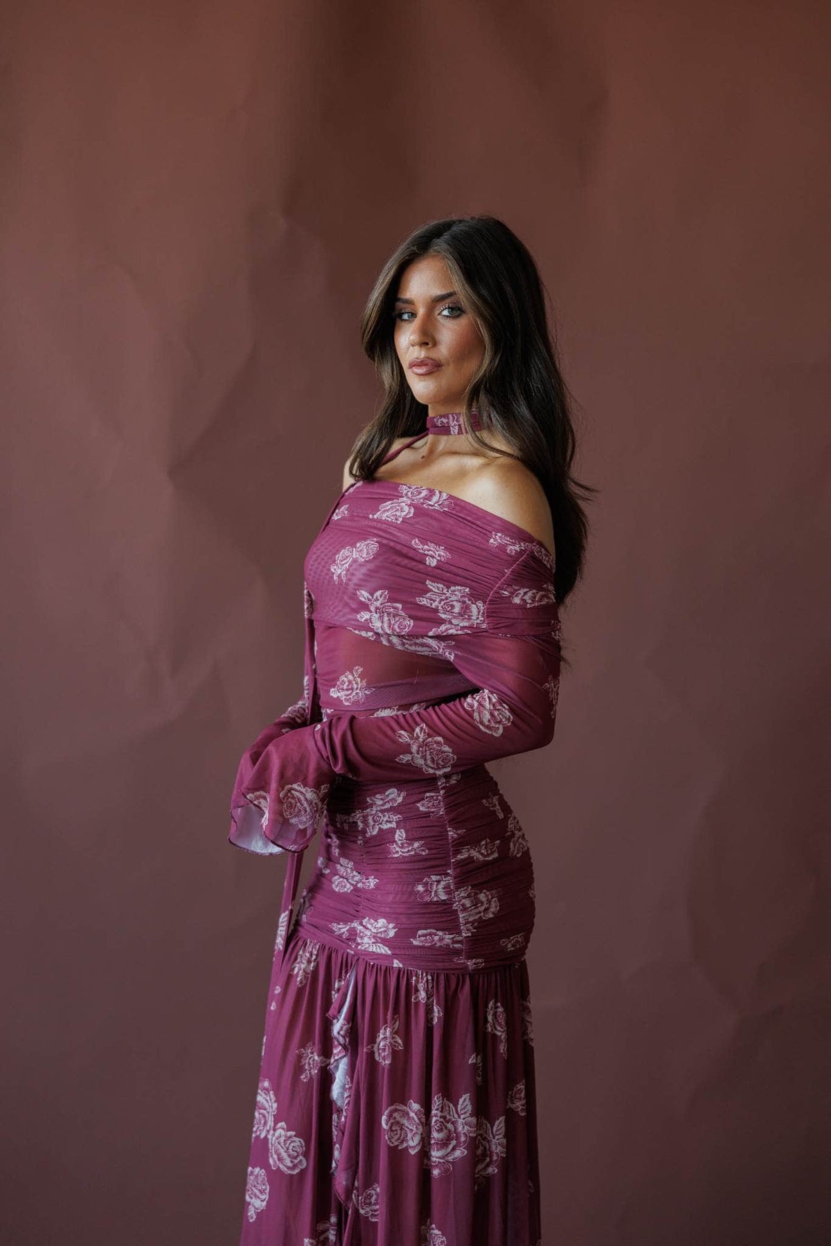 Wine floral off the shoulder maxi dress