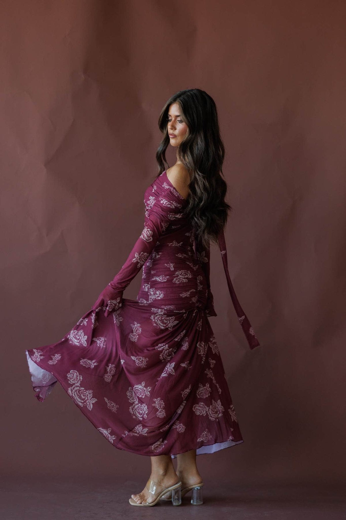 Wine floral off the shoulder maxi dress