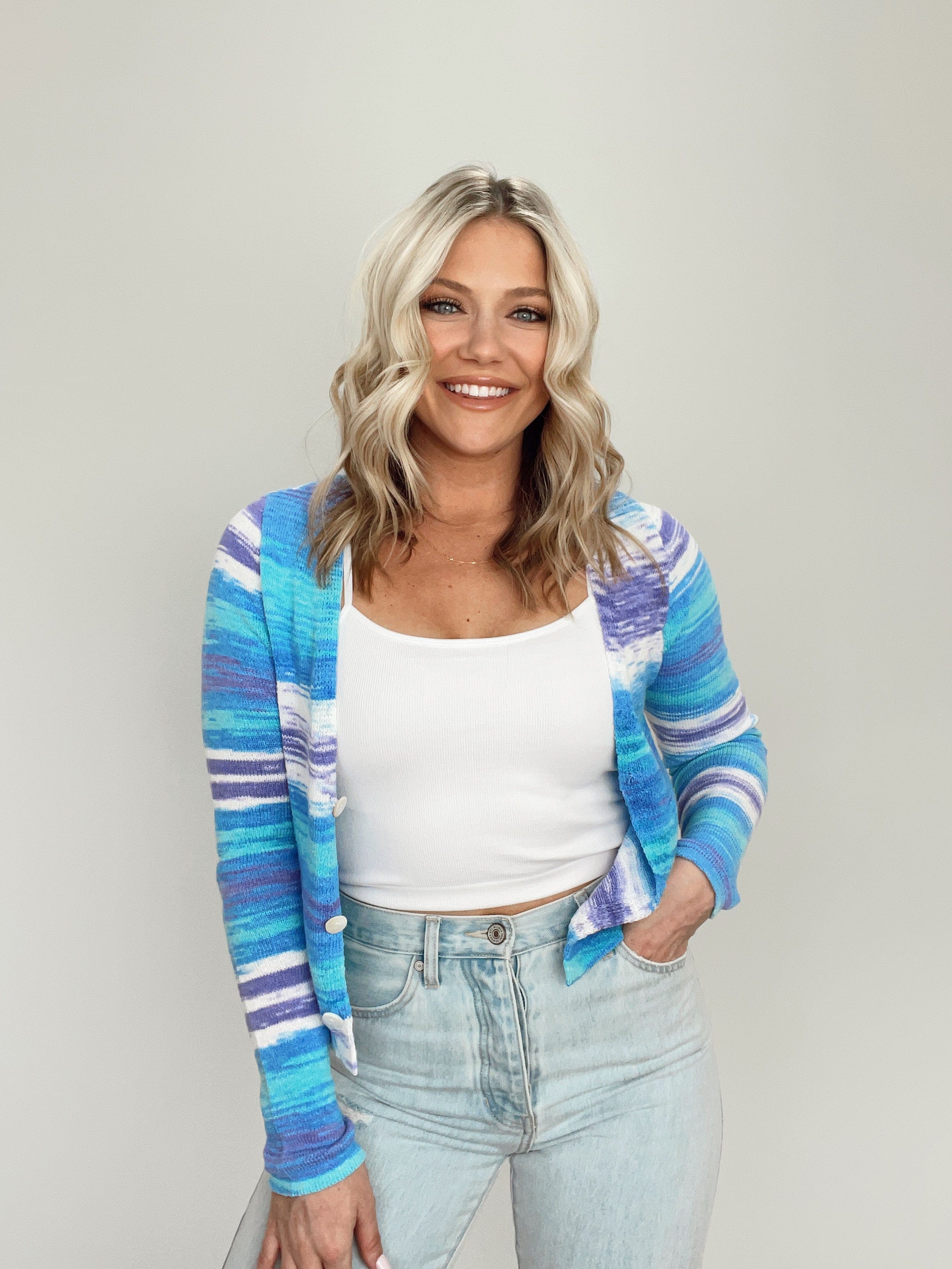 IBT26133 blue multicolor cardigan BLUE BLUSH