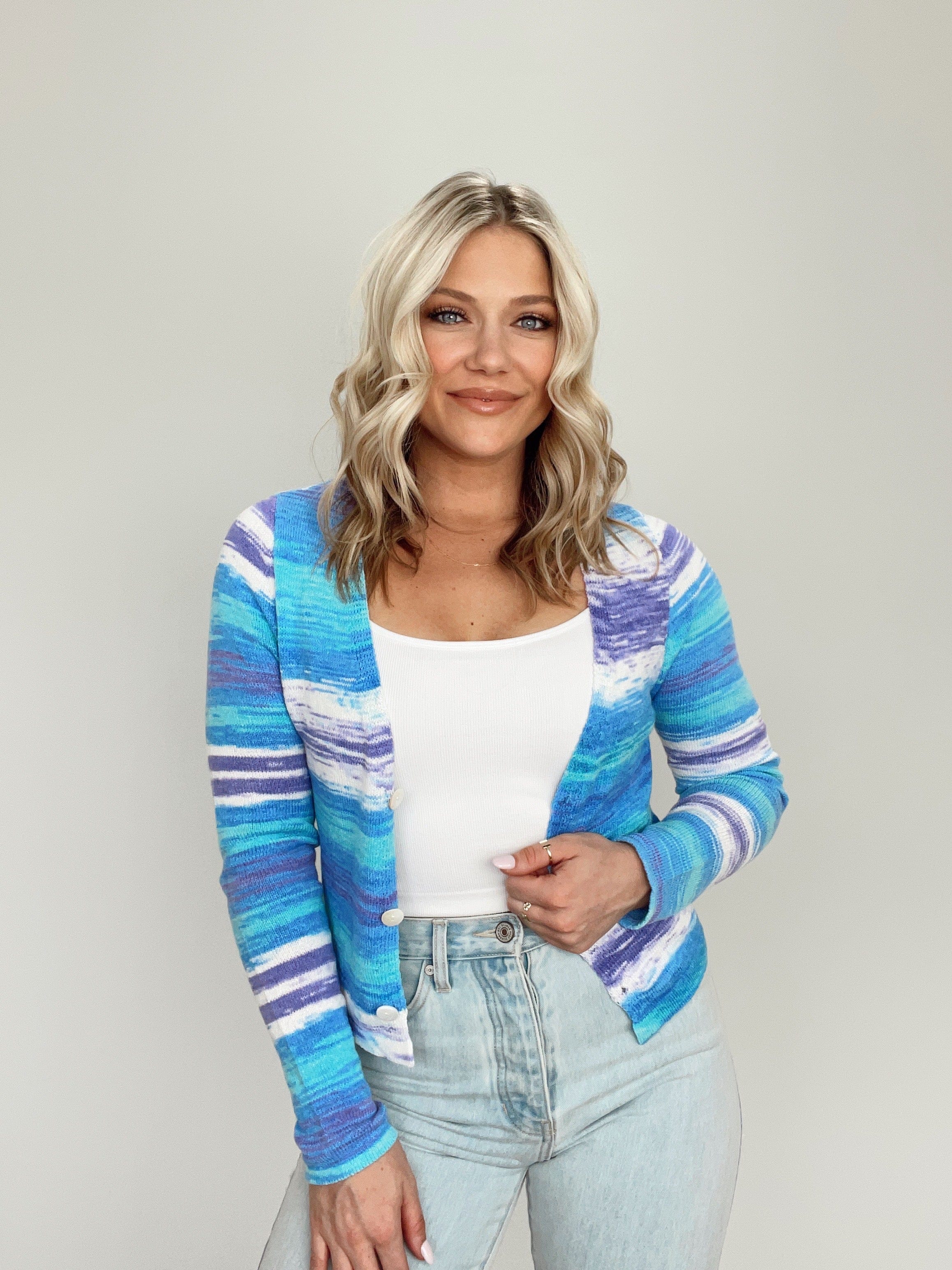 IBT26133 blue multicolor cardigan BLUE BLUSH