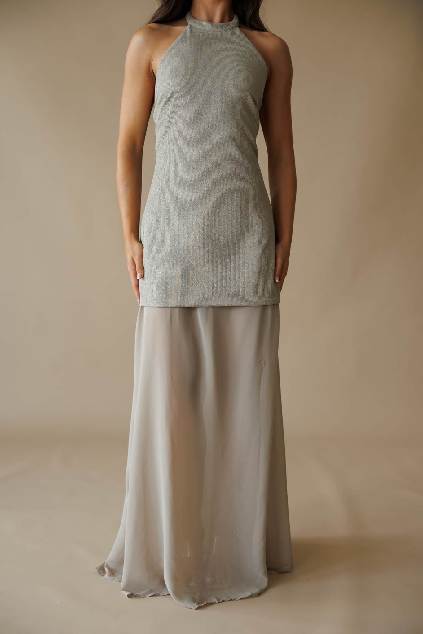 Champagne Gold Metallic Halter Maxi Dress