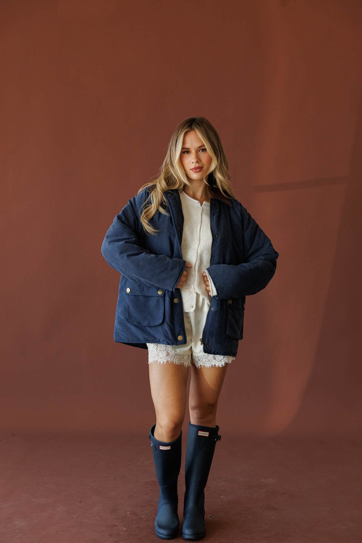 Navy quilted barn jacket, front view