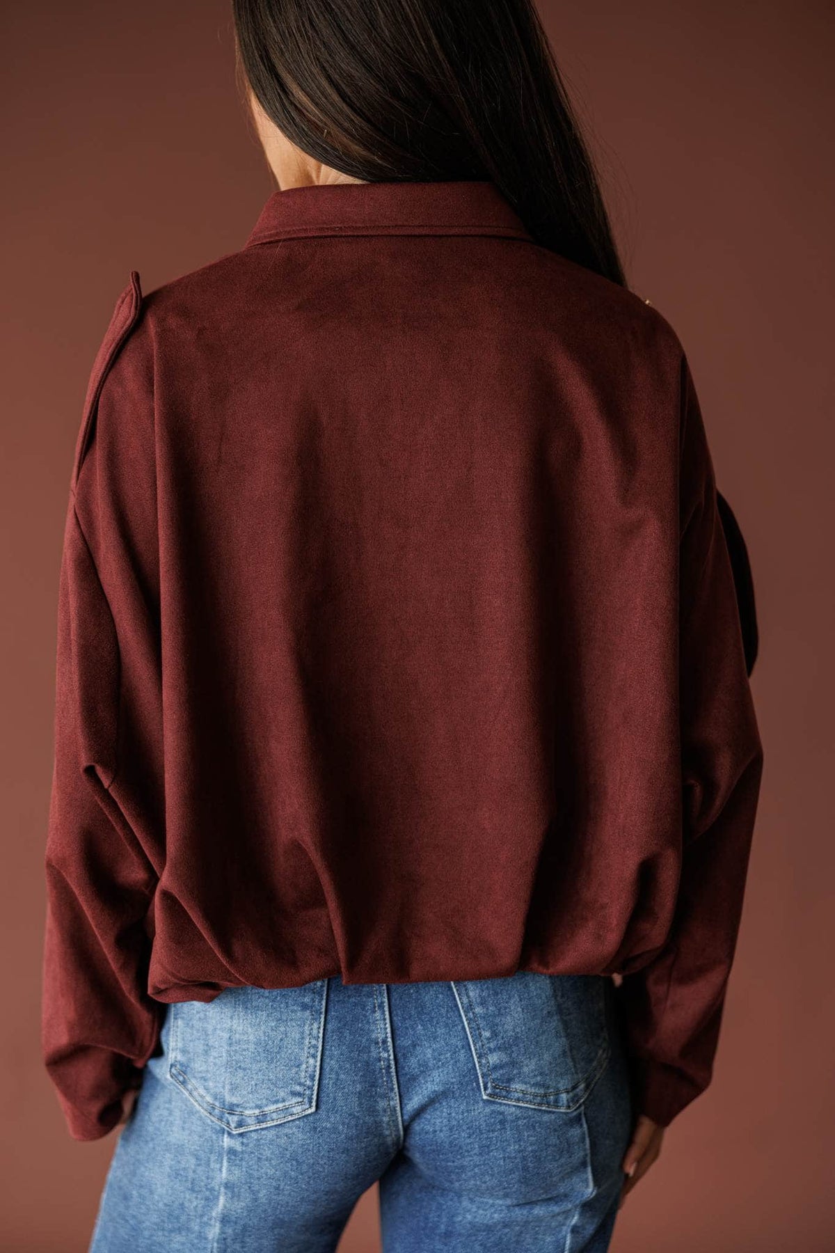 Burgundy microsuede bubble hem jacket