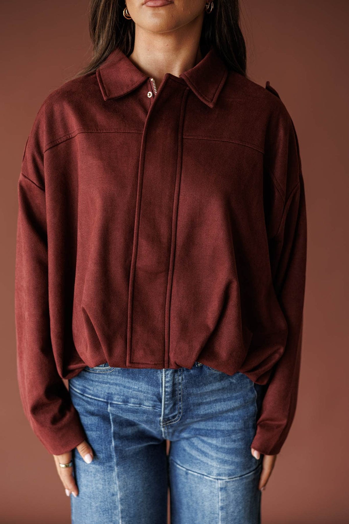 Burgundy microsuede bubble hem jacket