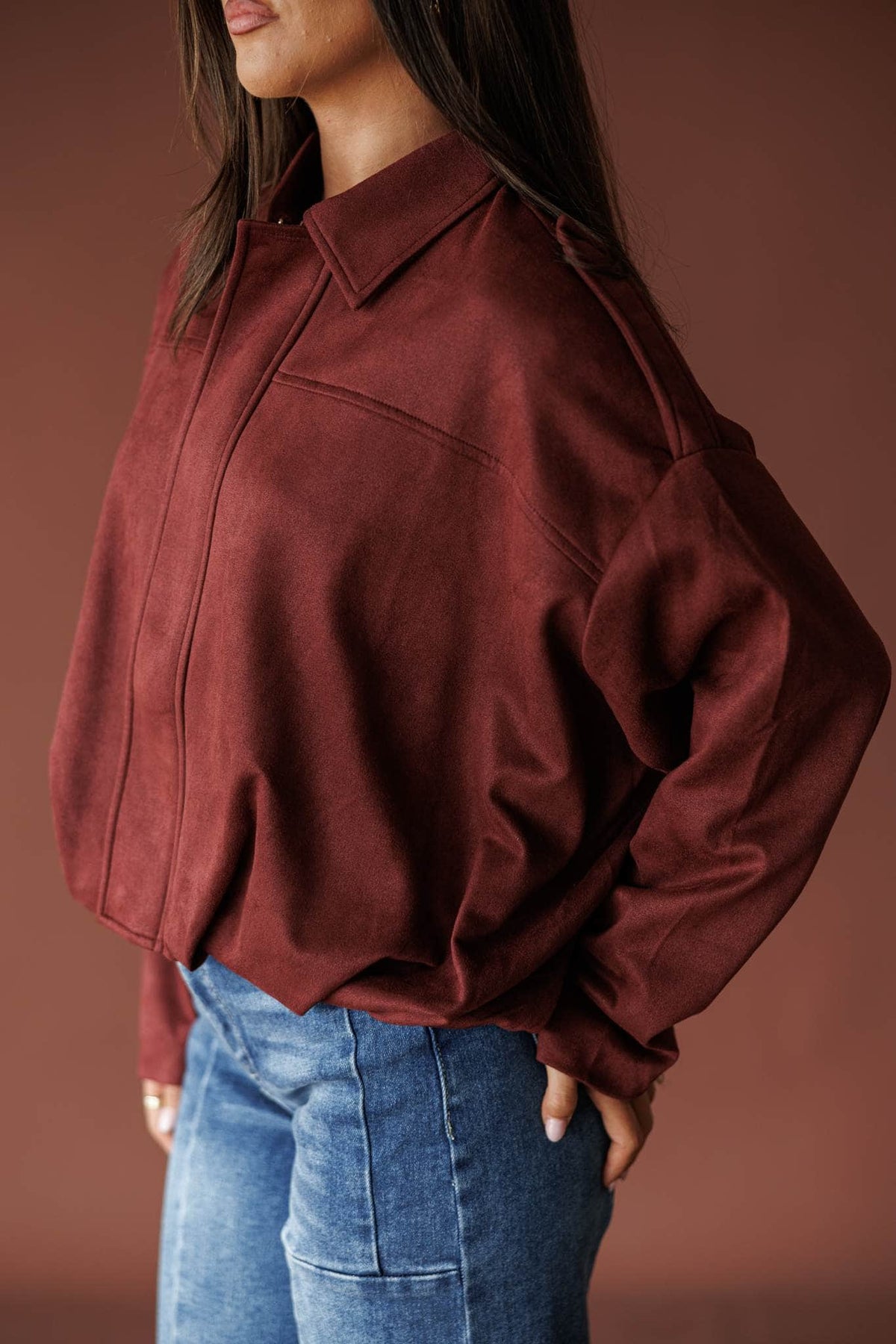 Burgundy microsuede bubble hem jacket