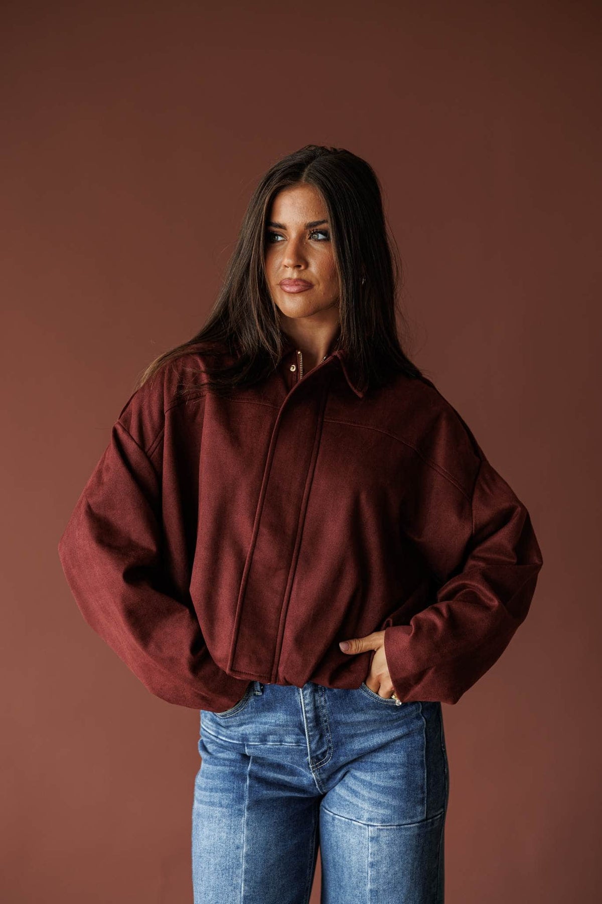 Burgundy microsuede bubble hem jacket, front view
