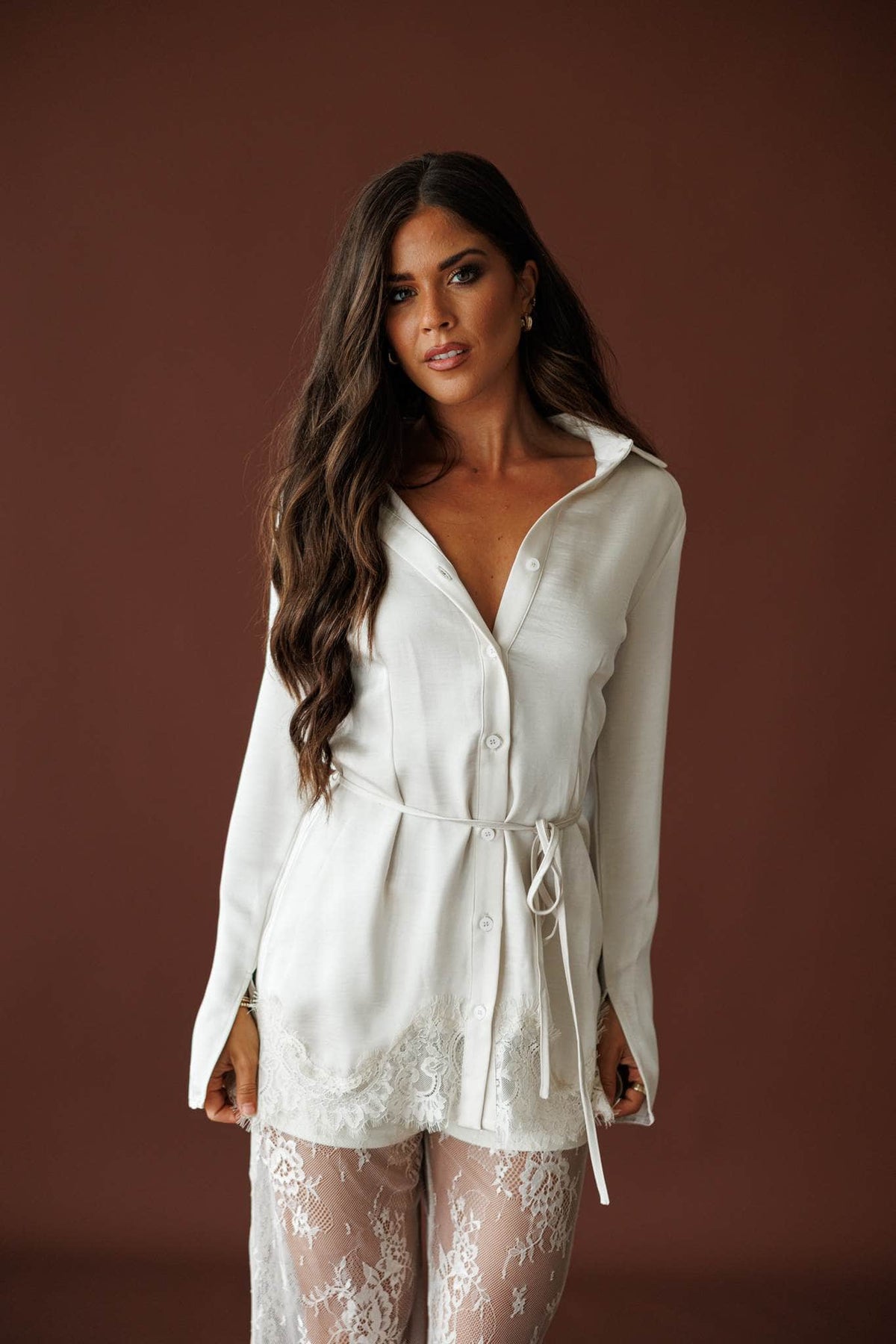 Lace Getaway Top in champagne, front view showing the collar and tie waist