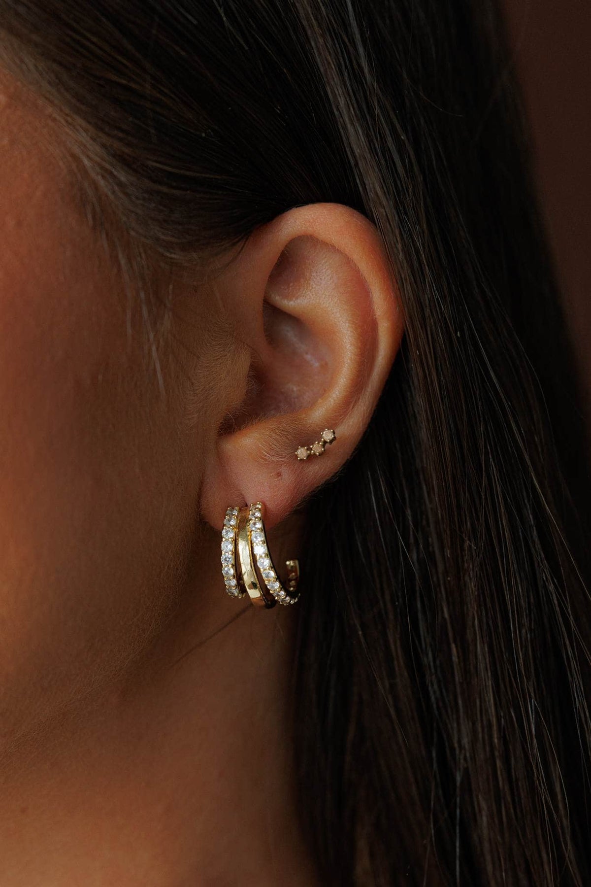 Gold Wide Band Hoop Earrings, worn on the ear