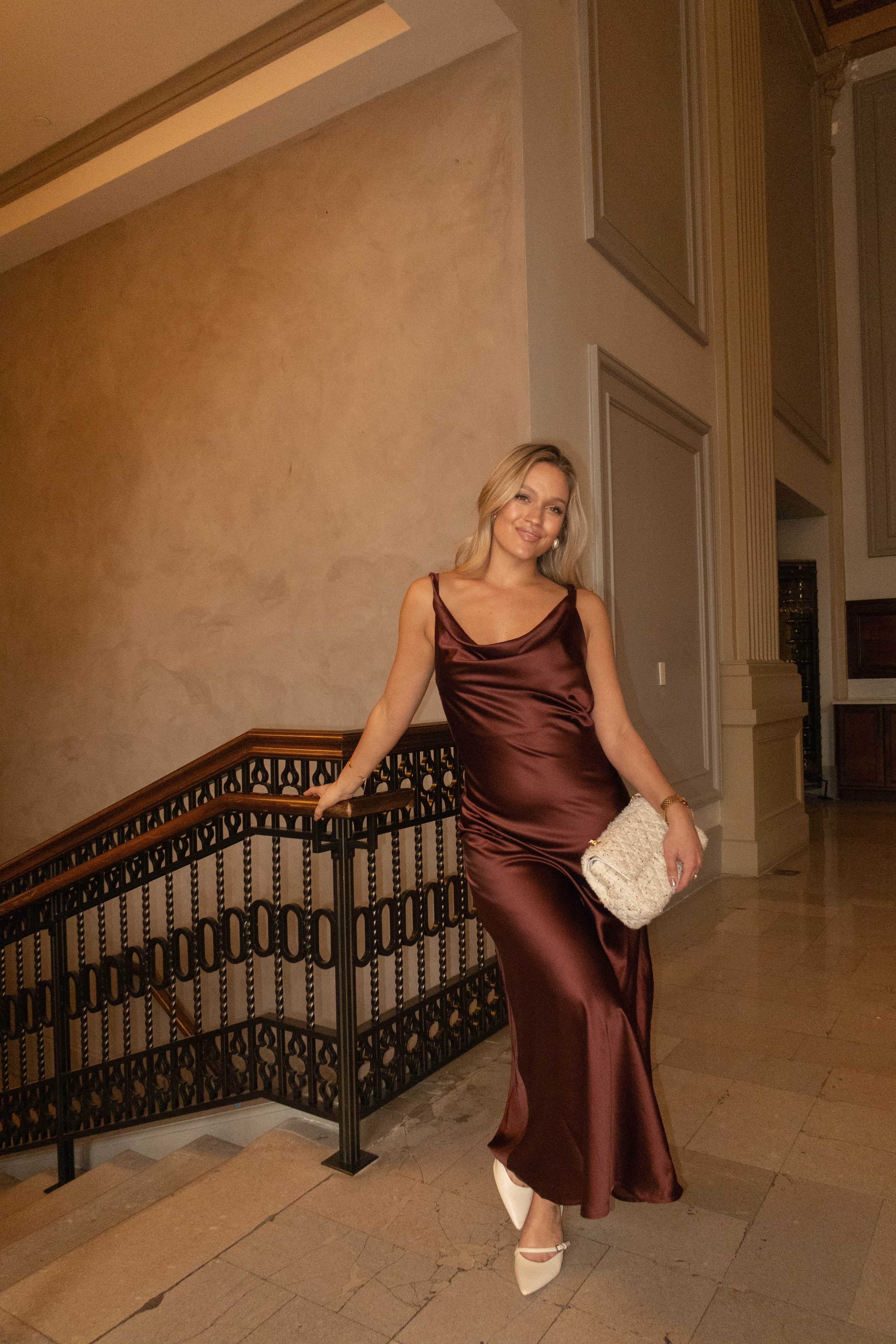 Beige Botany Women's Satin Cowl Neck Maxi Dress, Espresso, Size S Beige Botany Women's Satin Cowl Neck Maxi Dress, Espresso, Size S