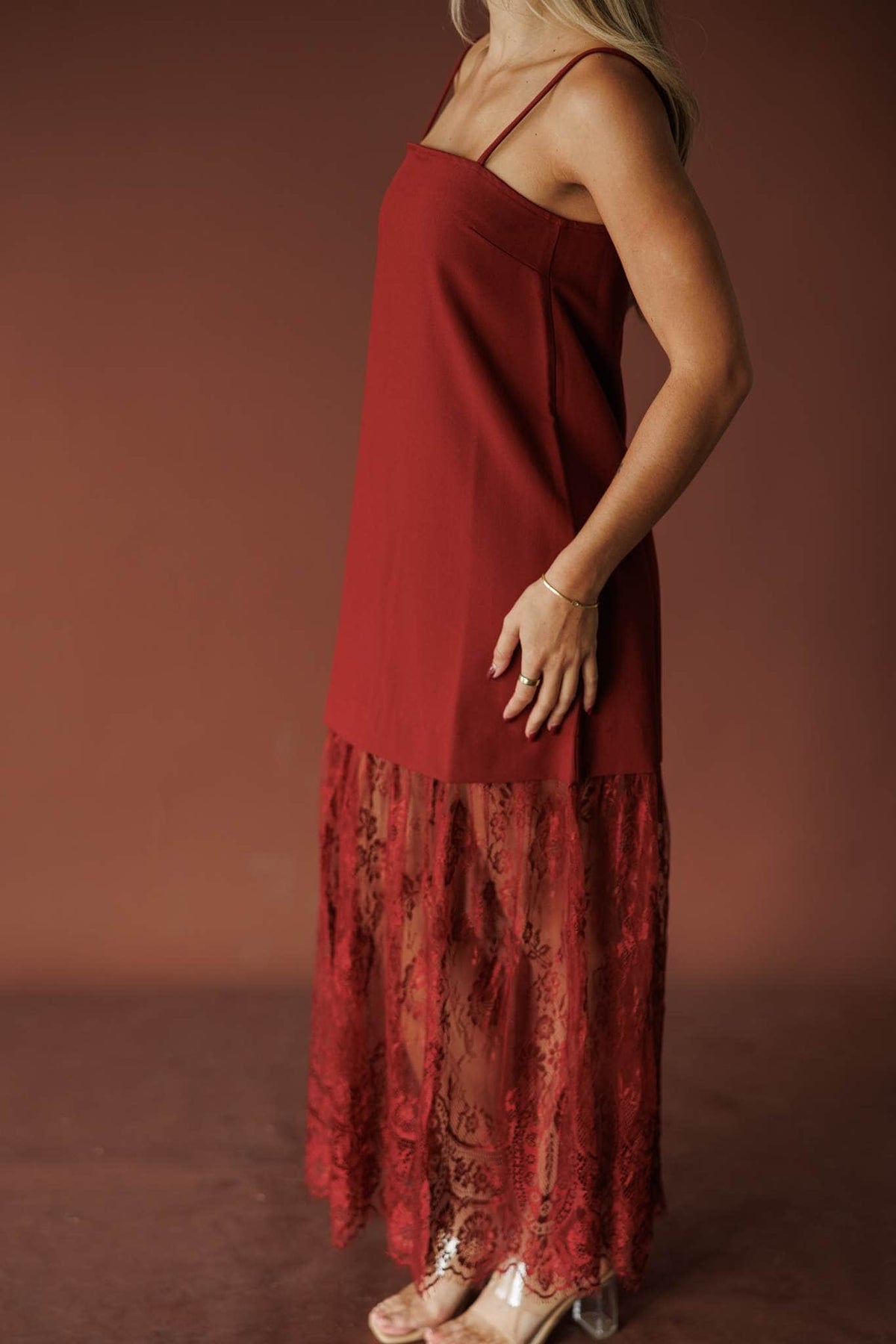 Burgundy satin and lace maxi dress