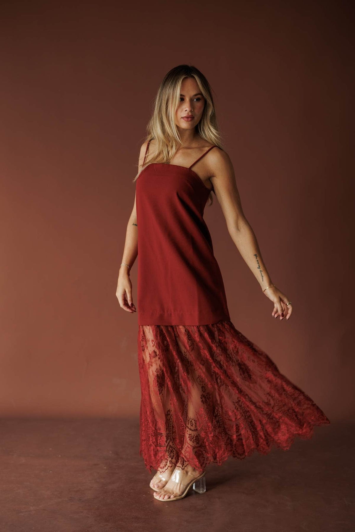 Burgundy satin and lace maxi dress, front view