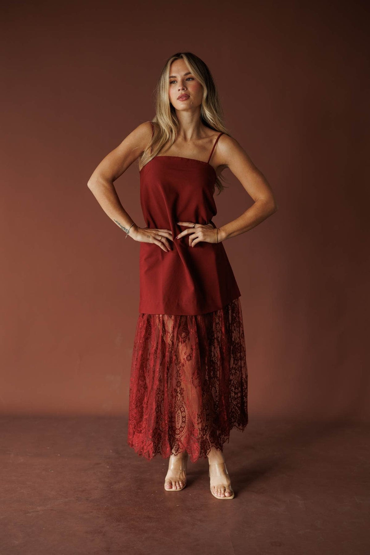 Burgundy satin and lace maxi dress