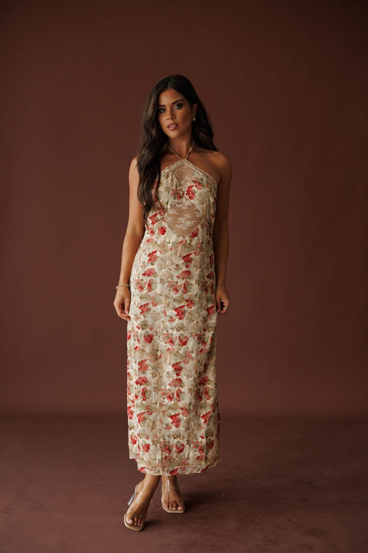 Antique Bloom Halter Dress in antique rose, full-length view on model with a hand at the hip