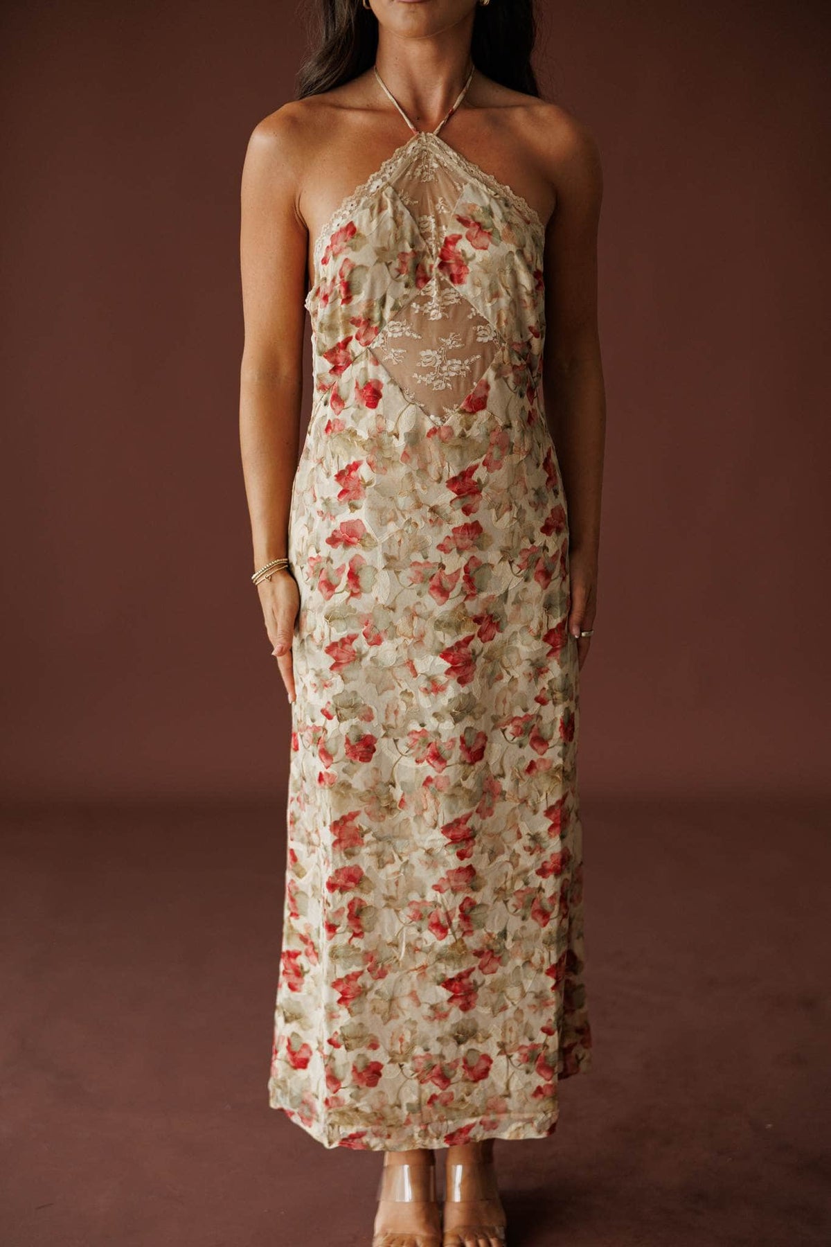 Antique Bloom Halter Dress in antique rose, front close-up of the floral print and halter tie