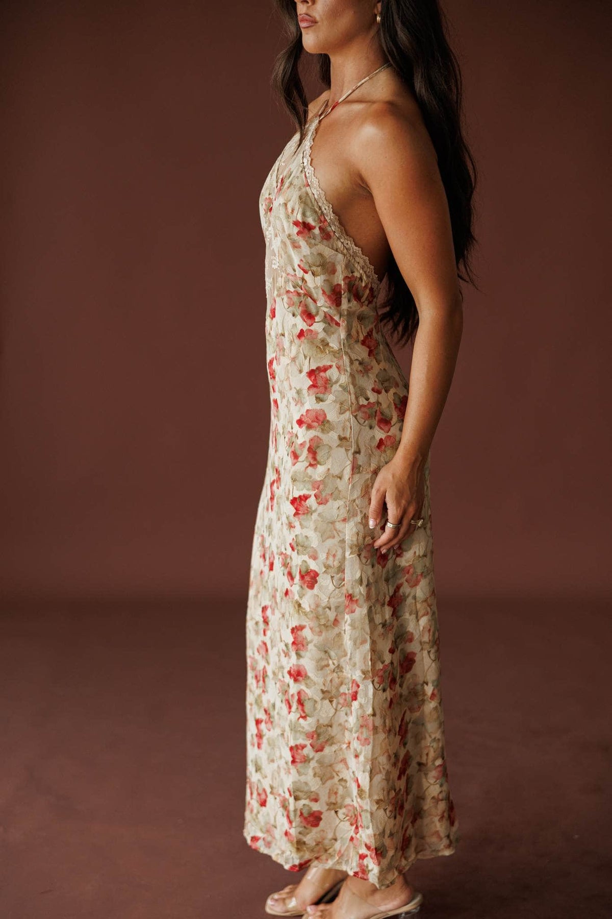 Antique Bloom Halter Dress in antique rose, side view showing the bias cut floral midi