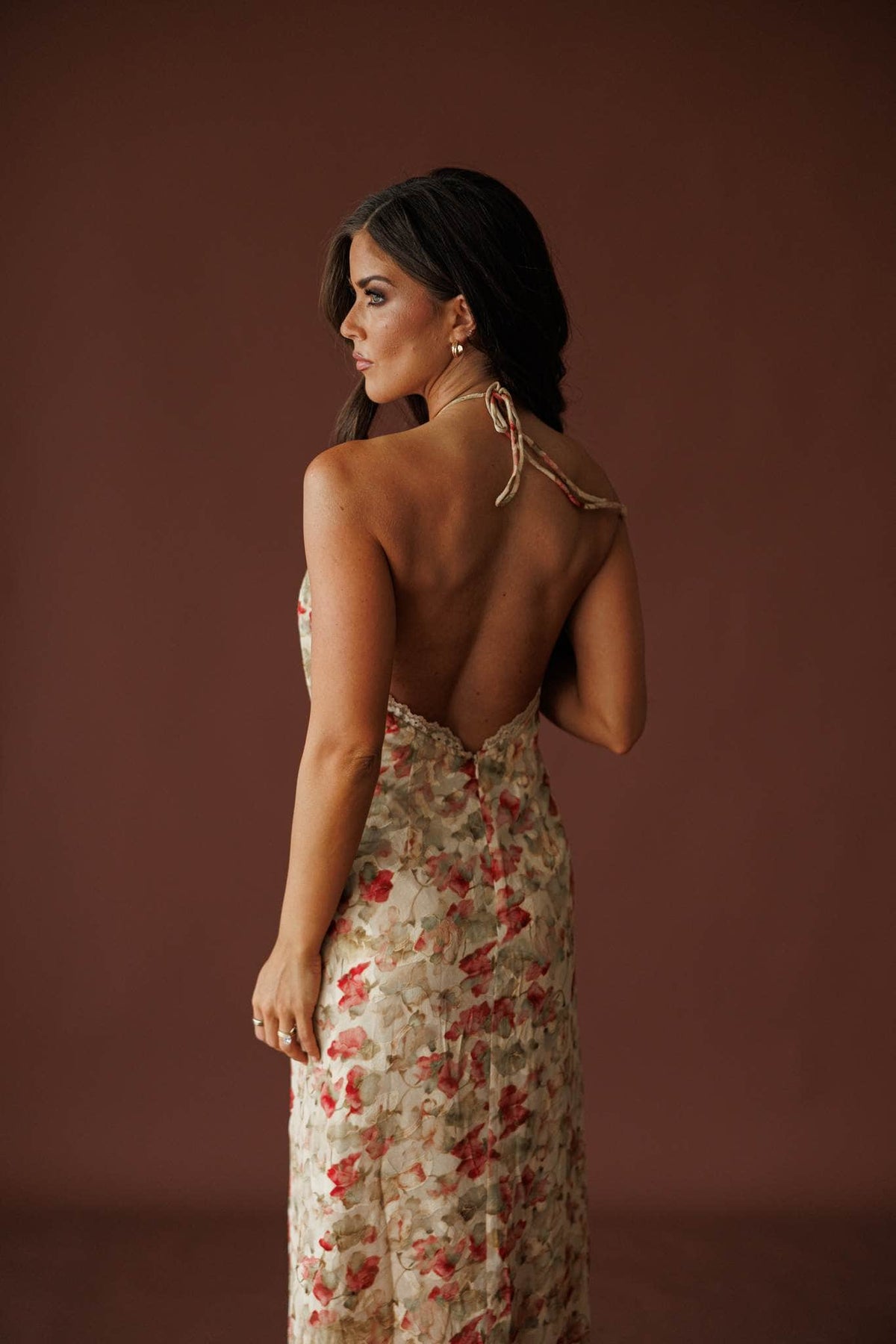 Antique Bloom Halter Dress in antique rose, back view showing the low open back