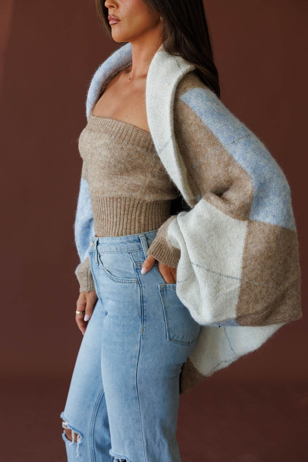 Charcoal argyle cardigan and tube top set