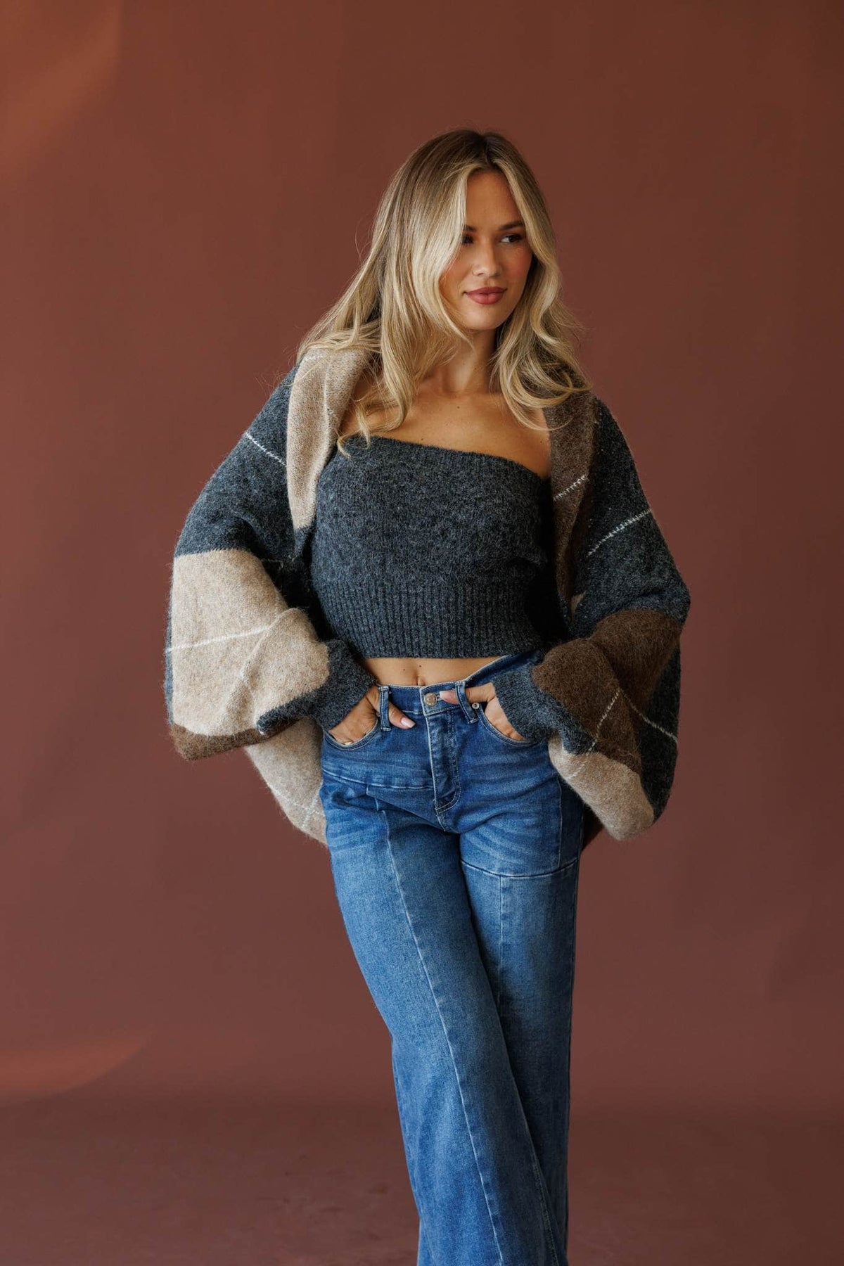 Charcoal argyle cardigan and tube top set