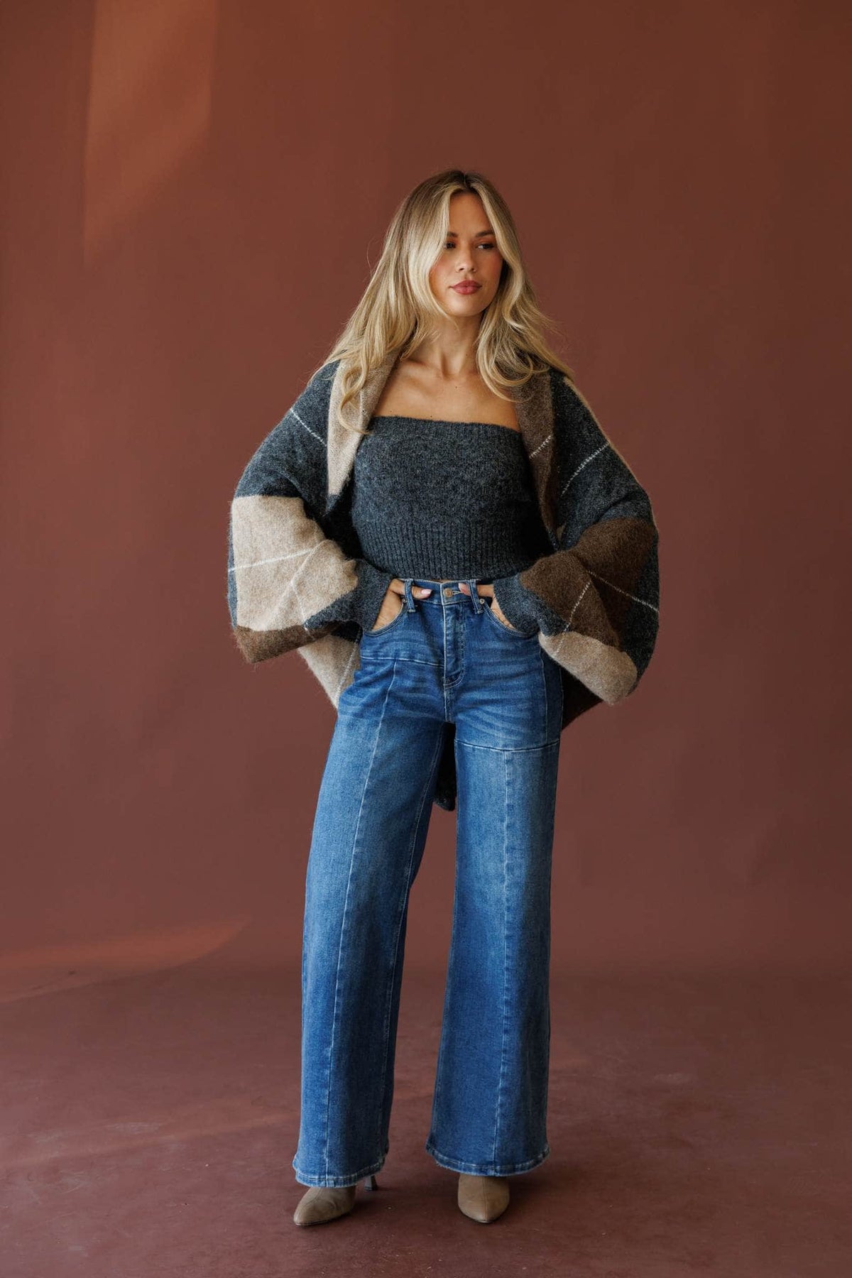 Charcoal argyle cardigan and tube top set, front view