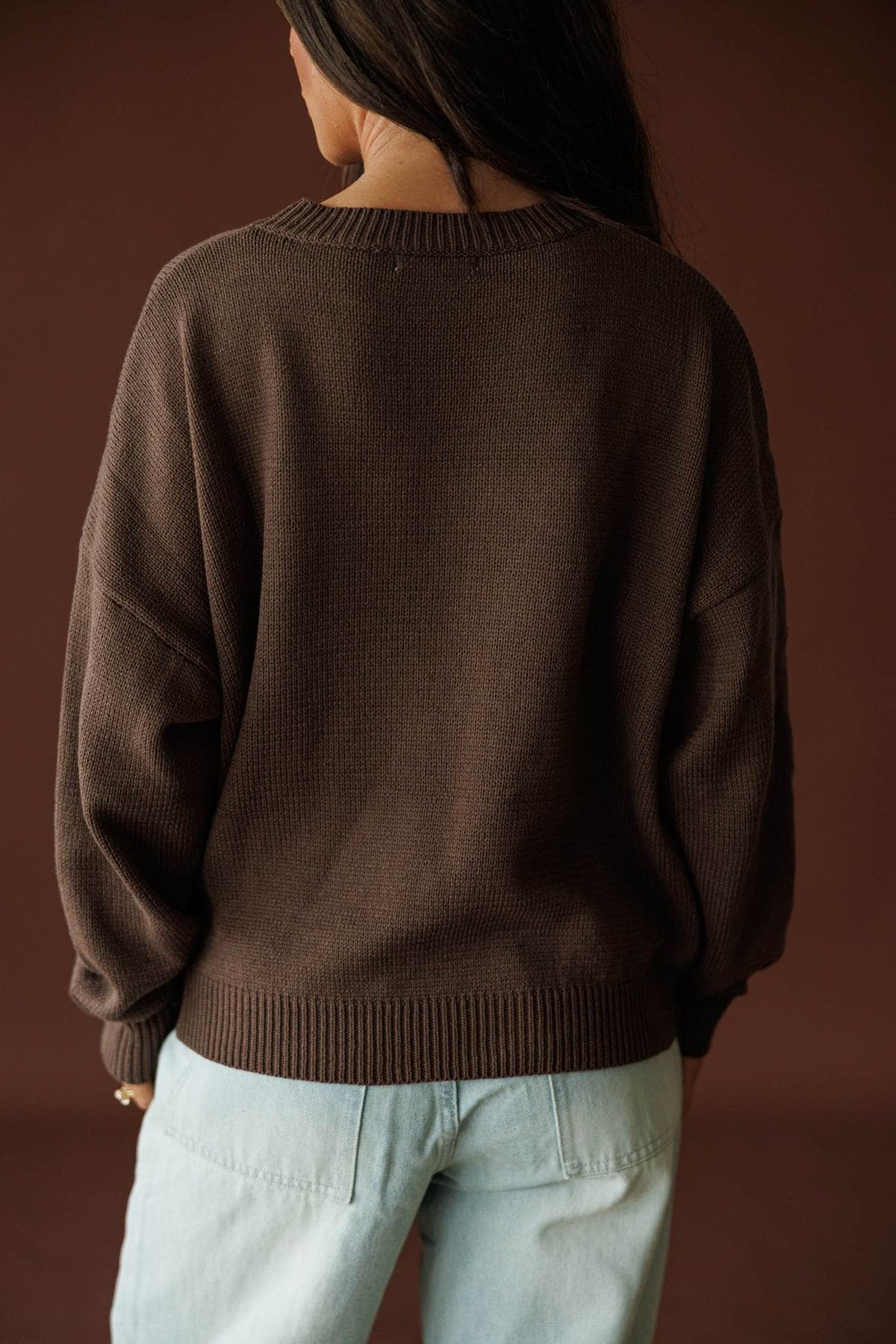Homegrown Flag Sweater in cocoa, back view showing the oversized ribbed knit sweater