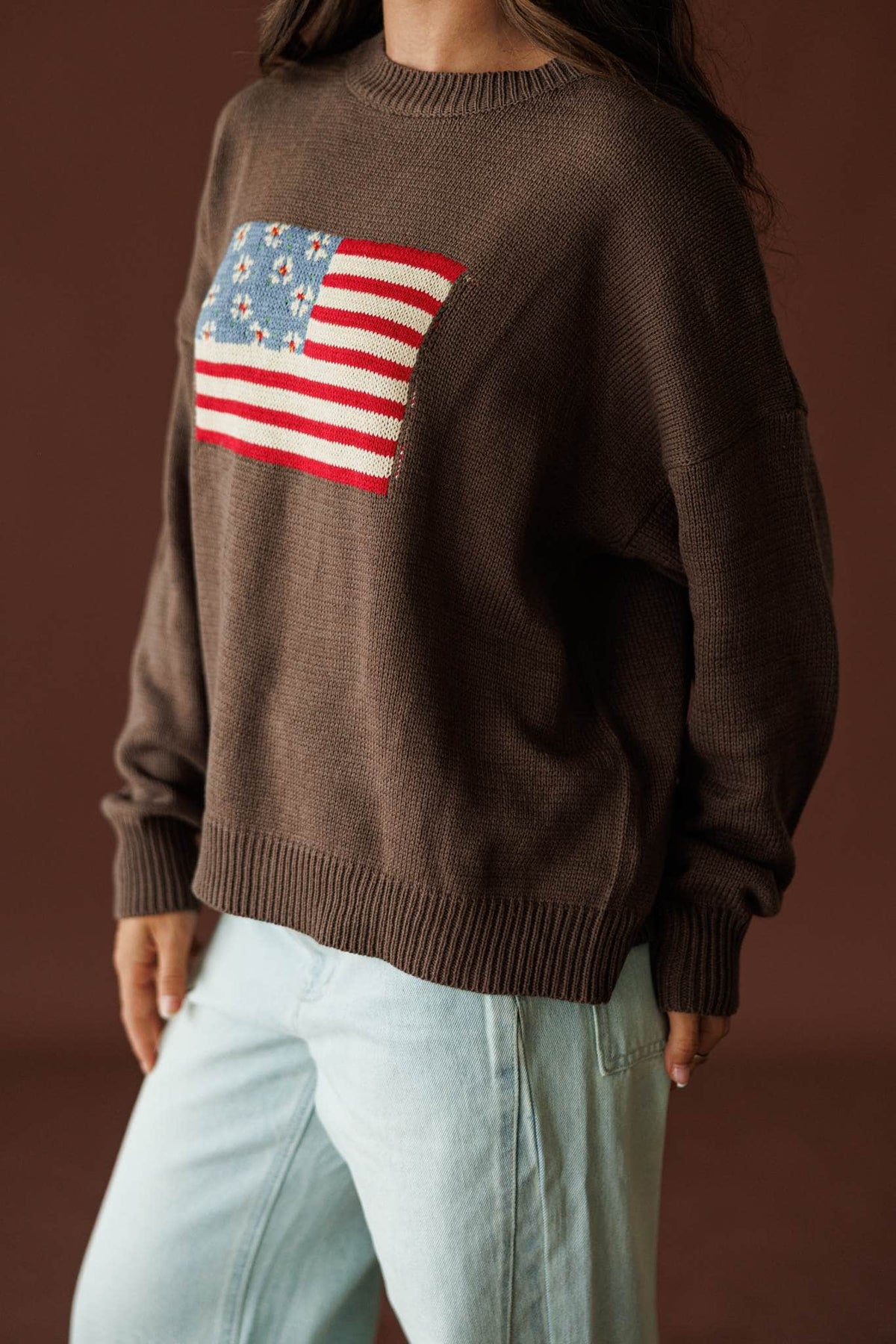 Homegrown Flag Sweater in cocoa, front view showing the flag knit and drop shoulder