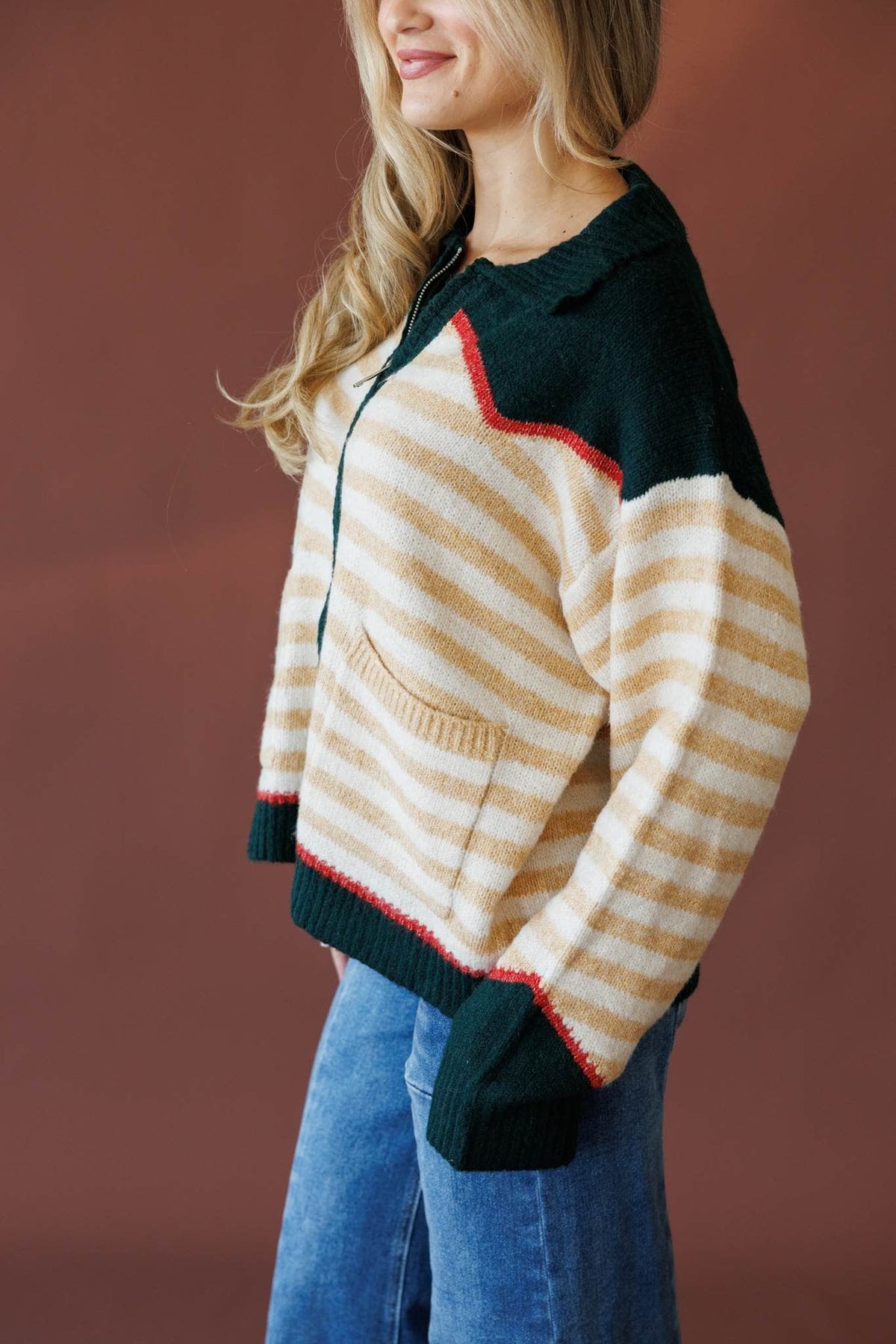 Forest green and chili sweater jacket