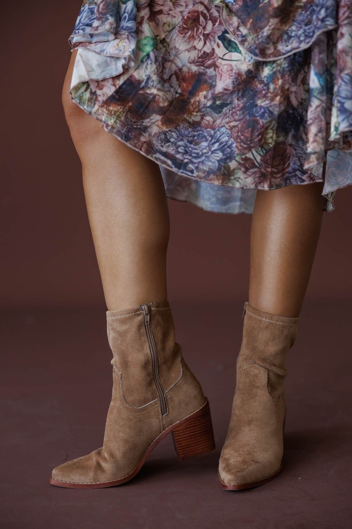 Ashford Suede Ankle Boot in latte, front view of the suede boot and stacked heel