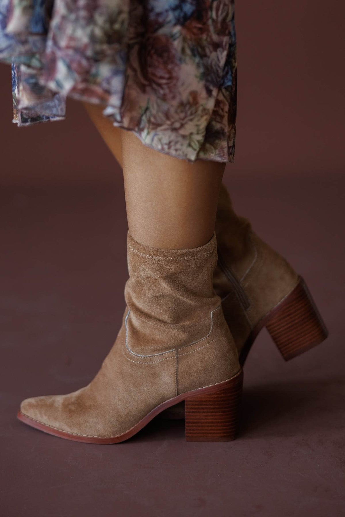 Ashford Suede Ankle Boot in latte, close-up of the stacked block heel and suede