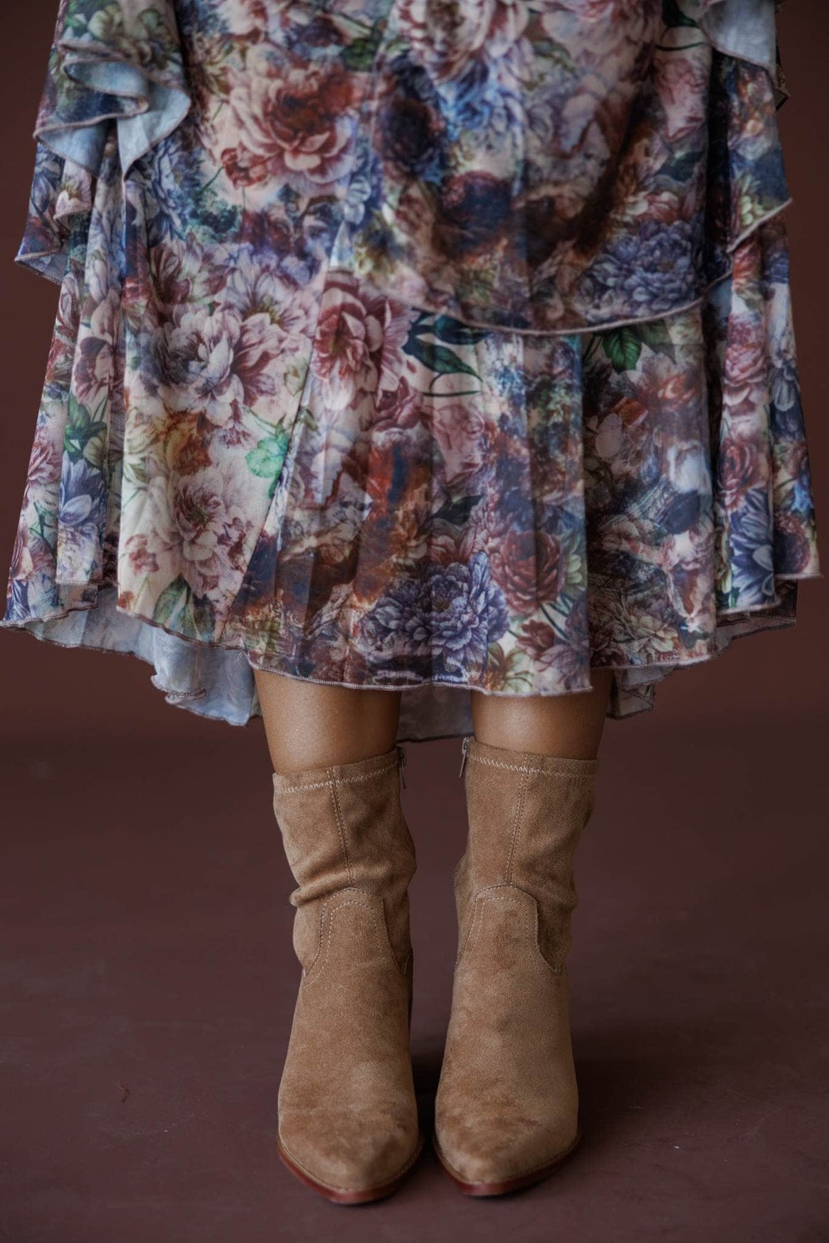 Ashford Suede Ankle Boot in latte, front view of the pair with a floral maxi dress