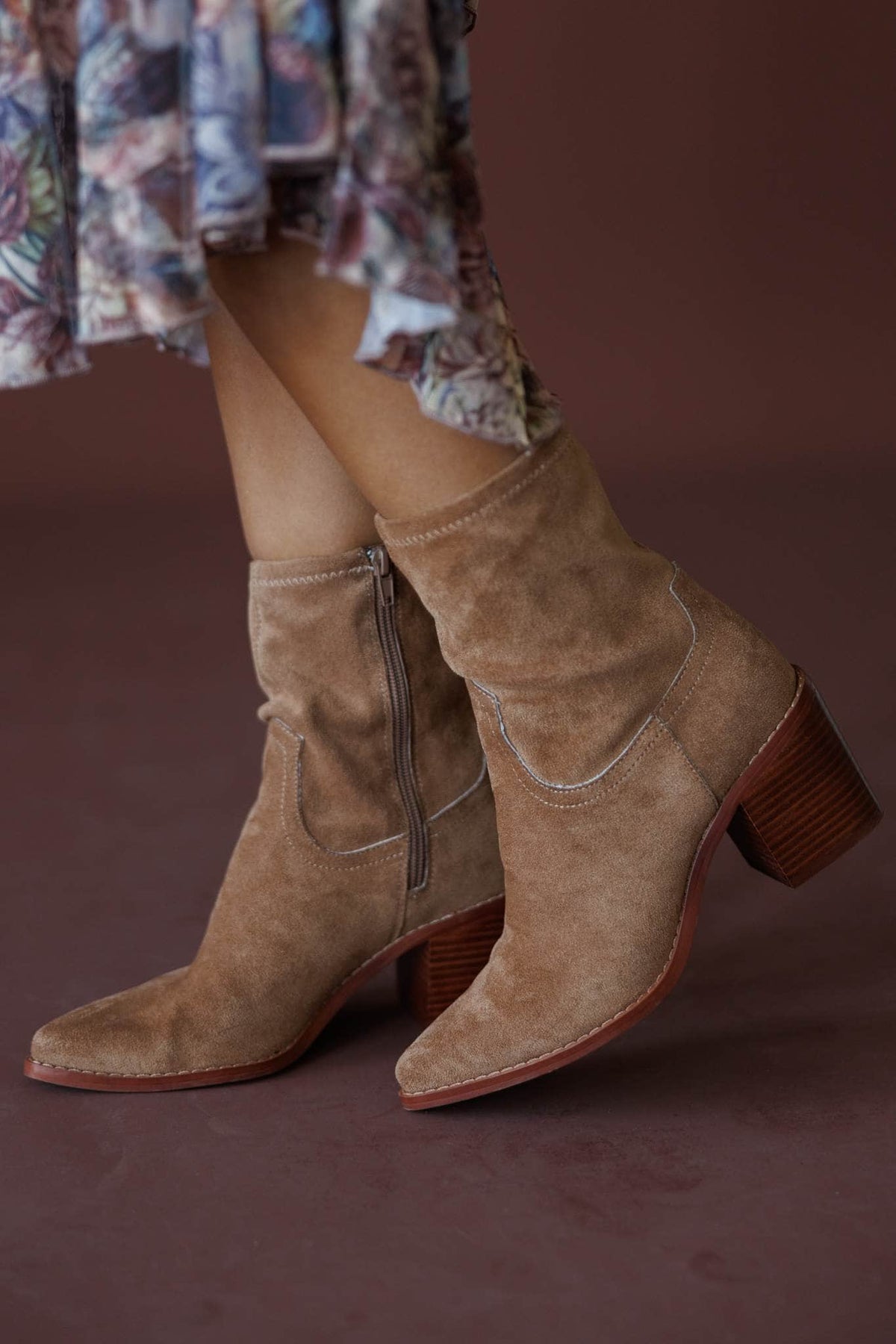 Ashford Suede Ankle Boot in latte, side view on model with a floral maxi dress