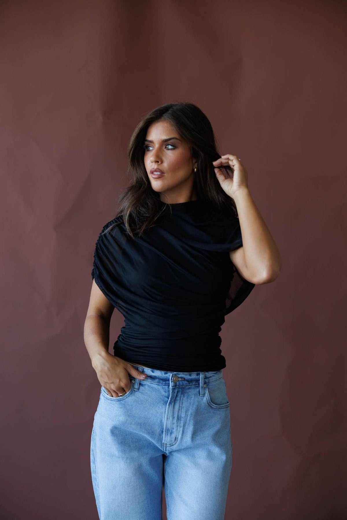 Brown draped asymmetric cape top
