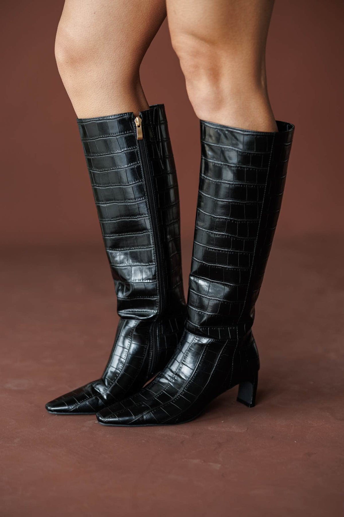 Rocky Boot***, in black, front view of the croc knee high boots