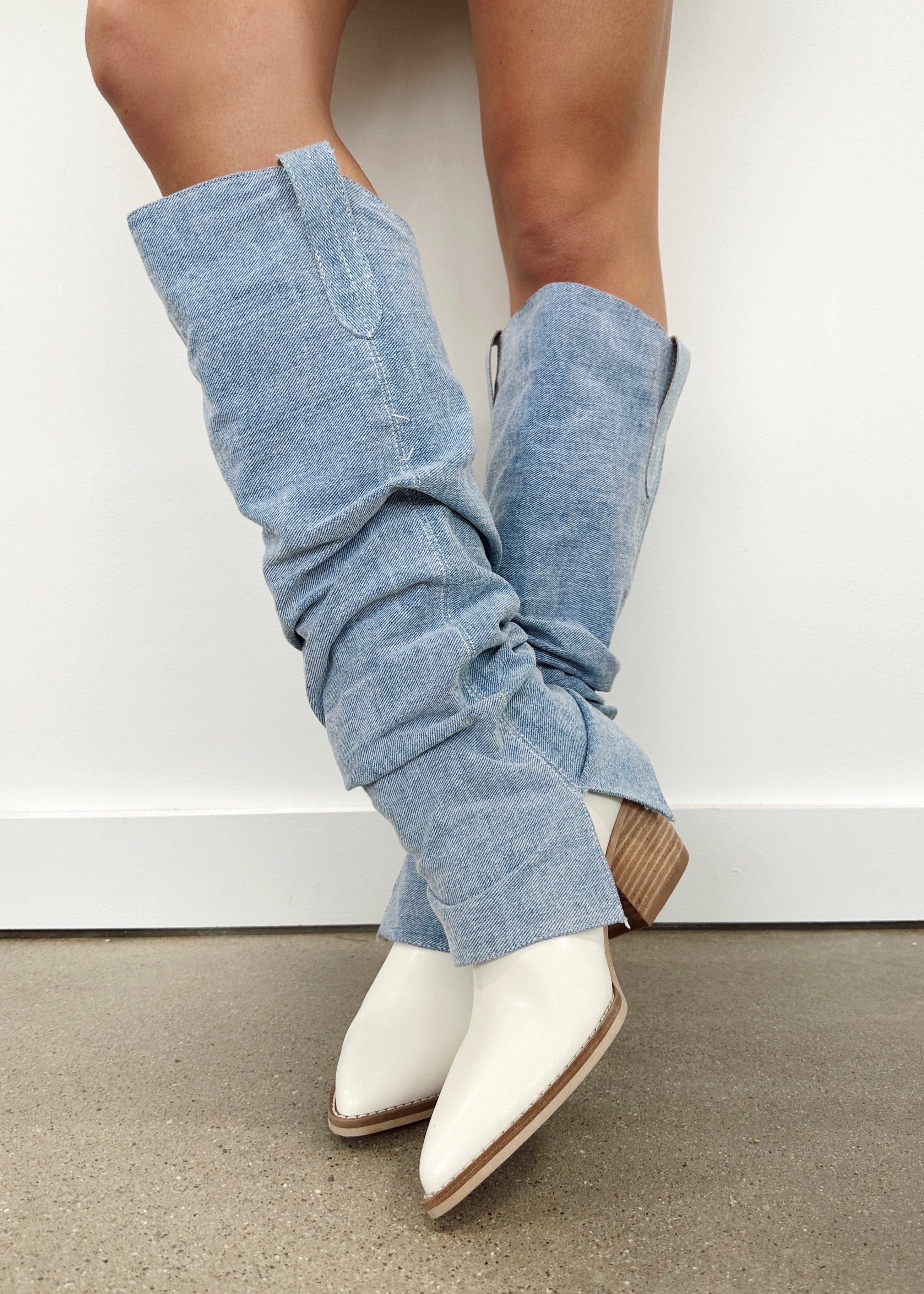 Denim flat boots best sale