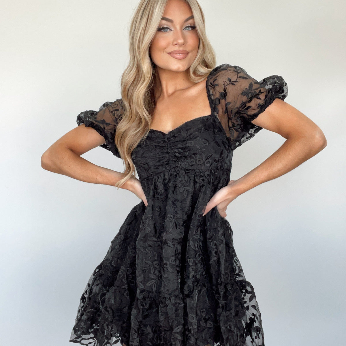 black babydoll mini dress Picture This in Step into the Fall season in style Amelie Black Puff Sleeve Babydoll