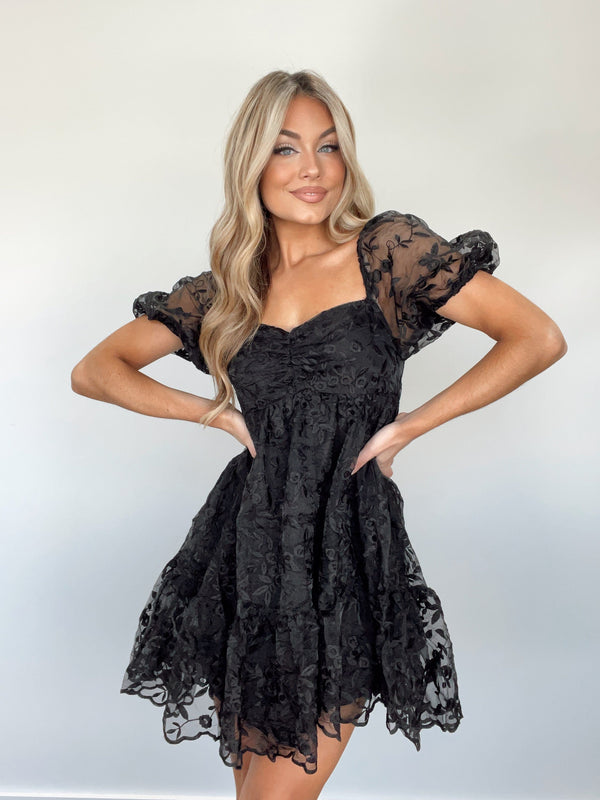 BD5219-A black embroidered lace babydoll mini dress BaeVely
