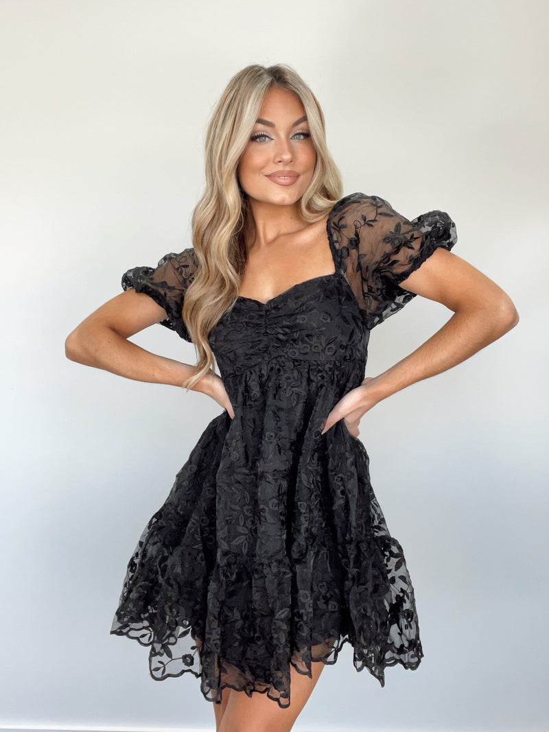 BD5219-A black embroidered lace babydoll mini dress BaeVely