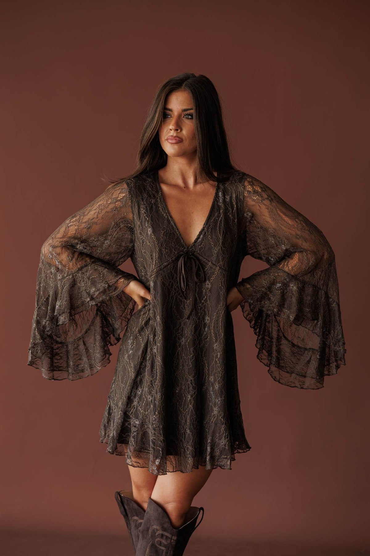 Dark brown lace babydoll mini dress