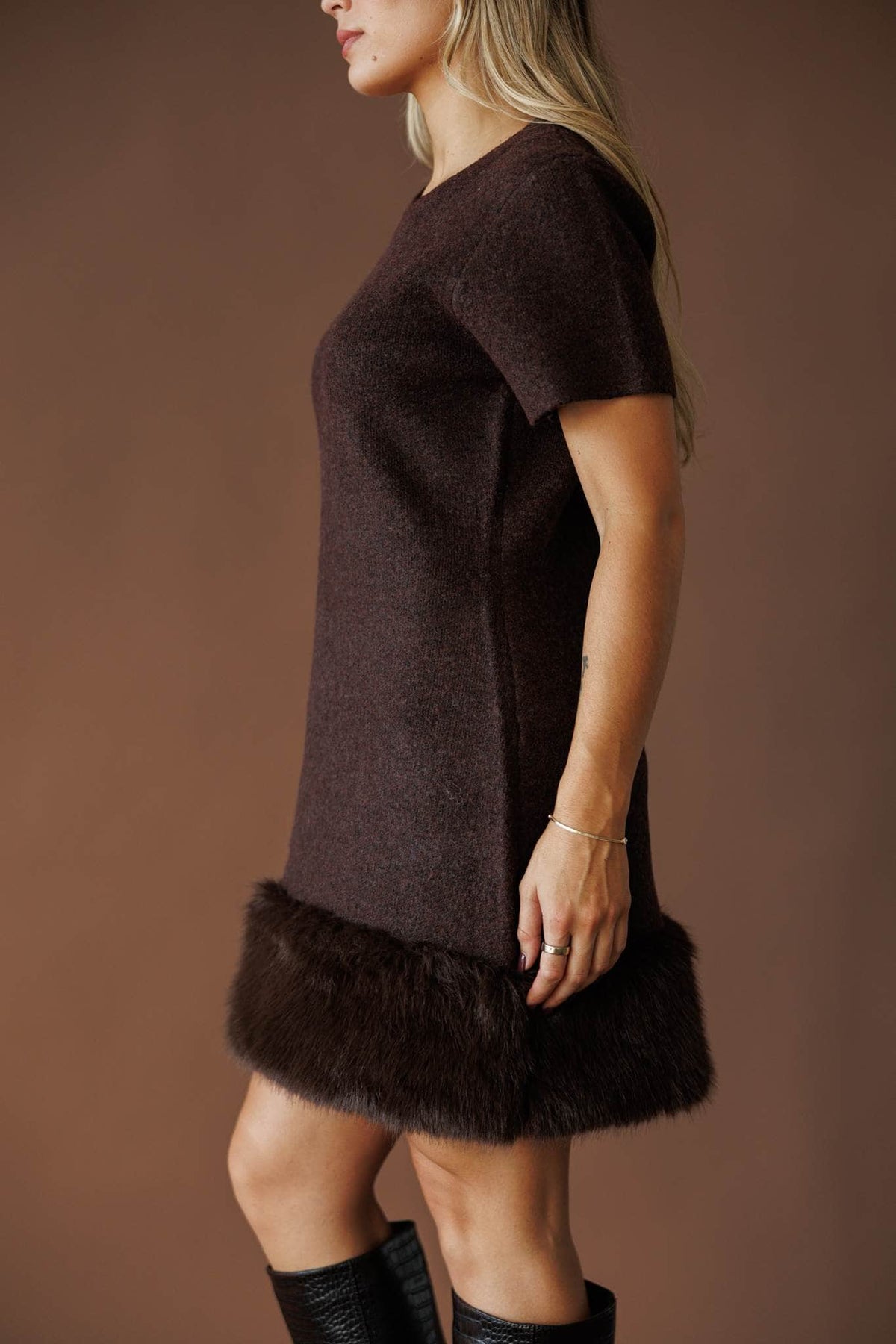 Fur trim hem knit mini dress