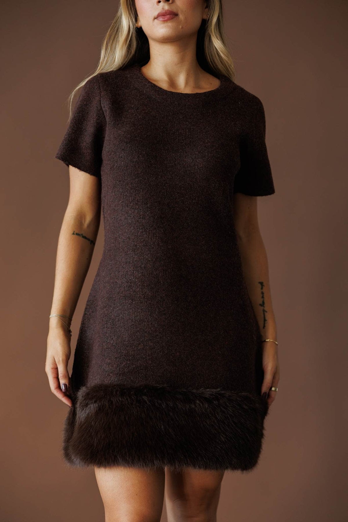 Fur trim hem knit mini dress