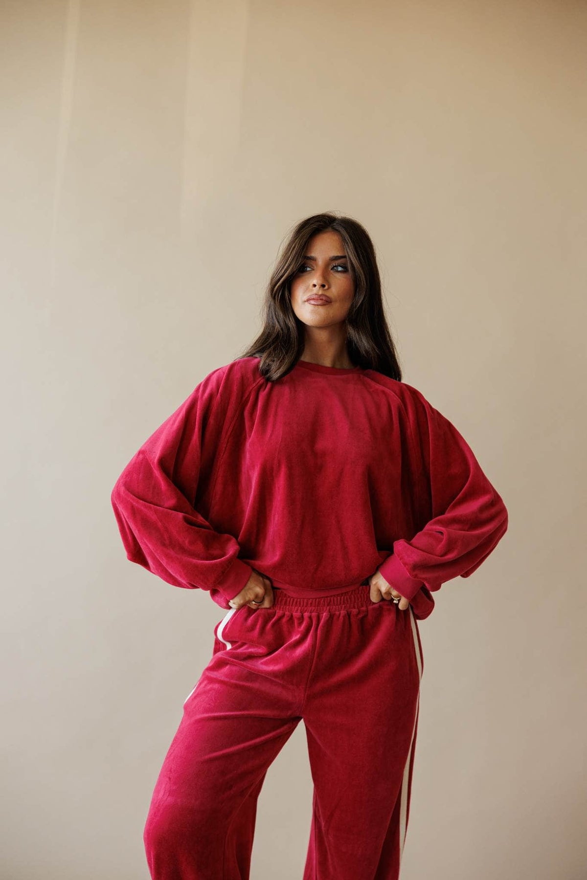 Berry velour sweatshirt, front view