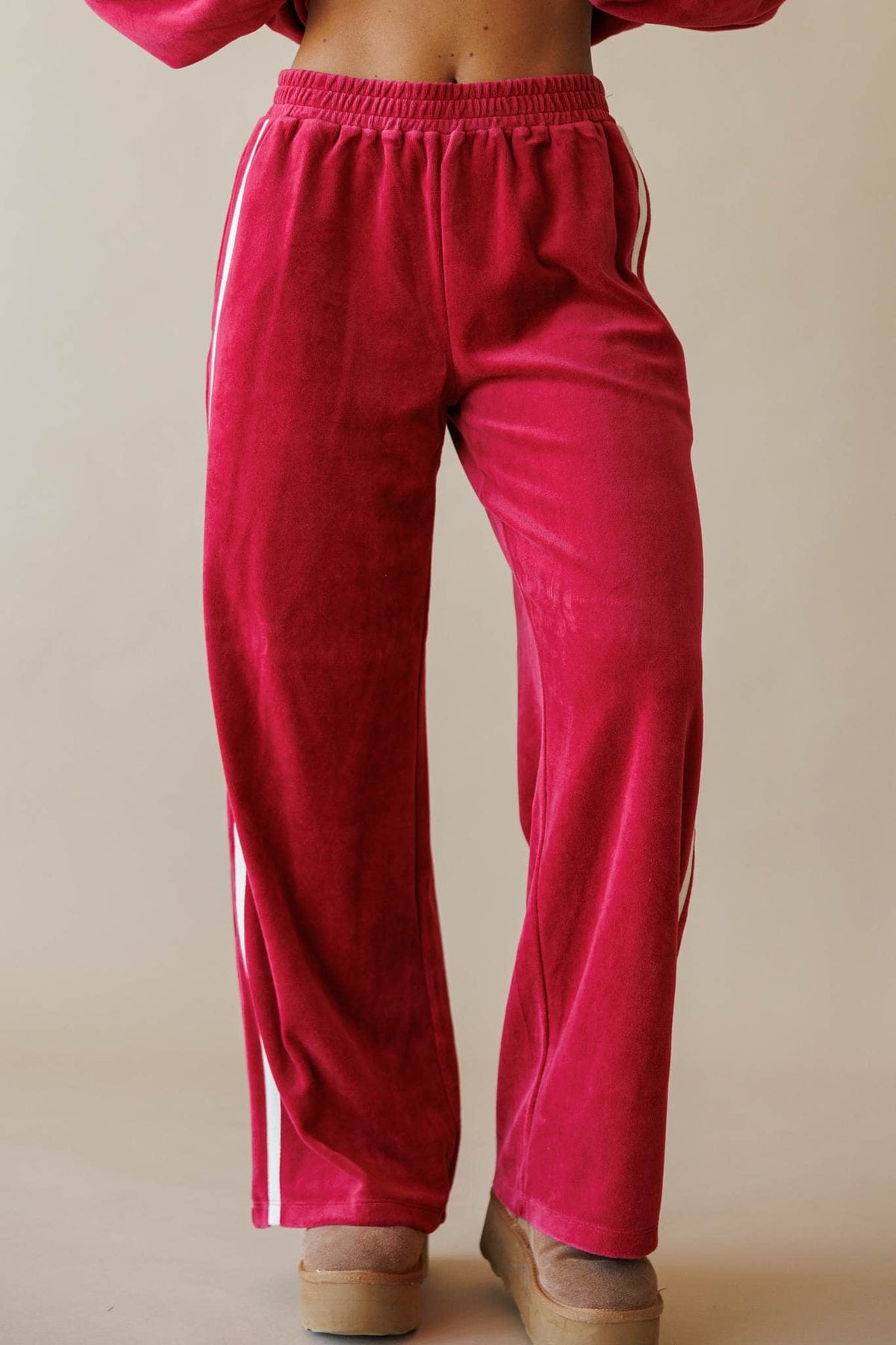 Berry velour track pants with side stripe