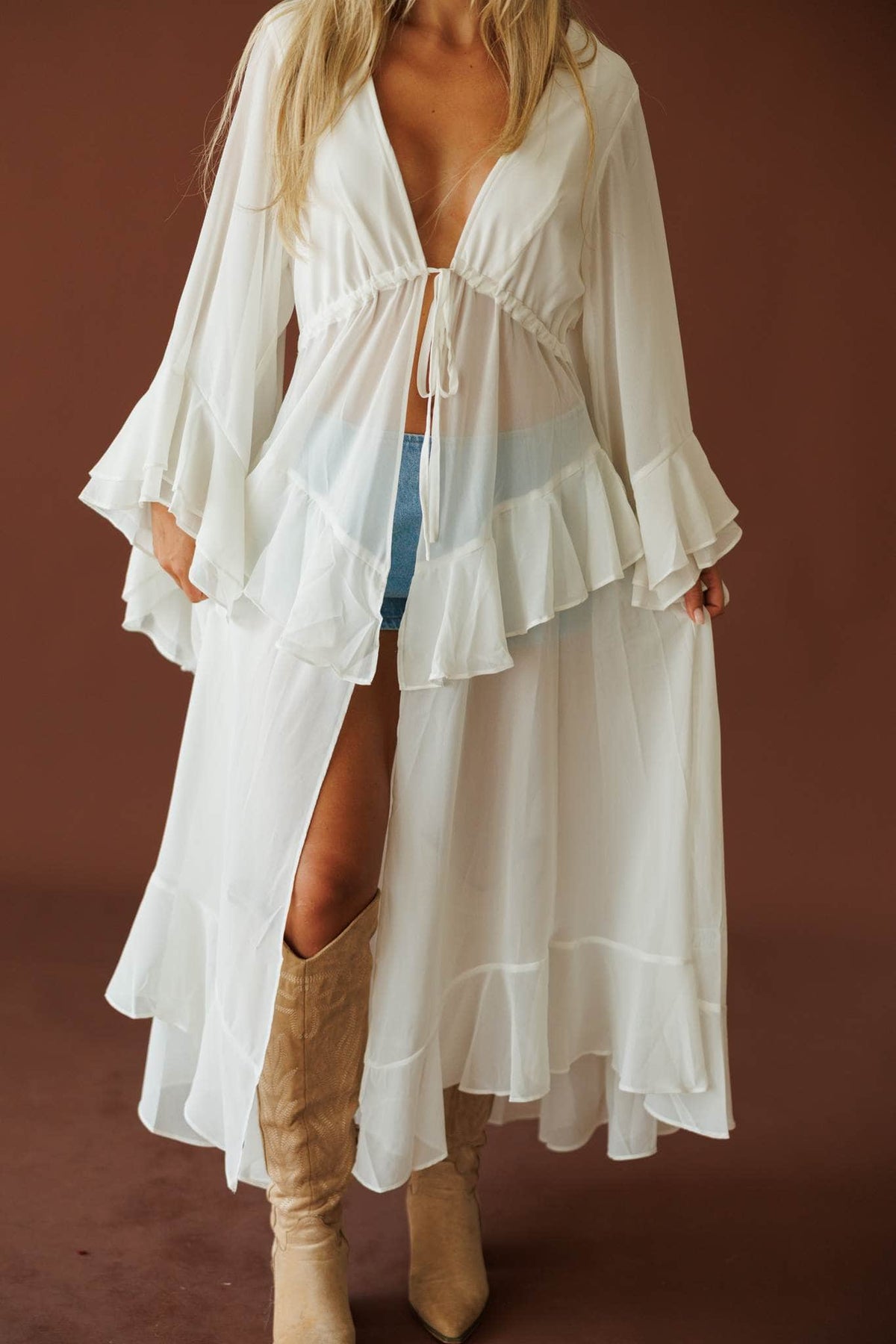 Desert Angel Duster in cream, front view showing the tie front and ruffle tiers