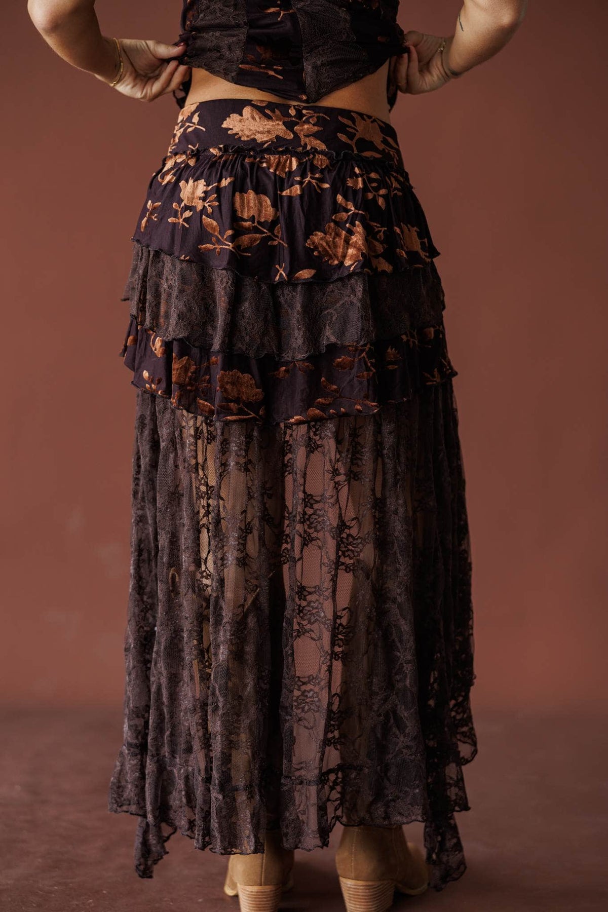 Mahogany burnout velvet tiered maxi skirt